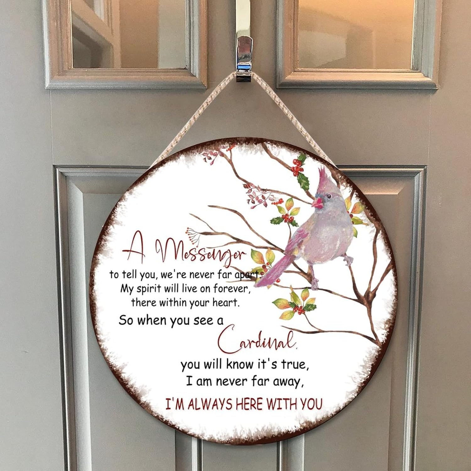 Farmhouse Front Door Hanger with Red Birds and Im Always Here Quote