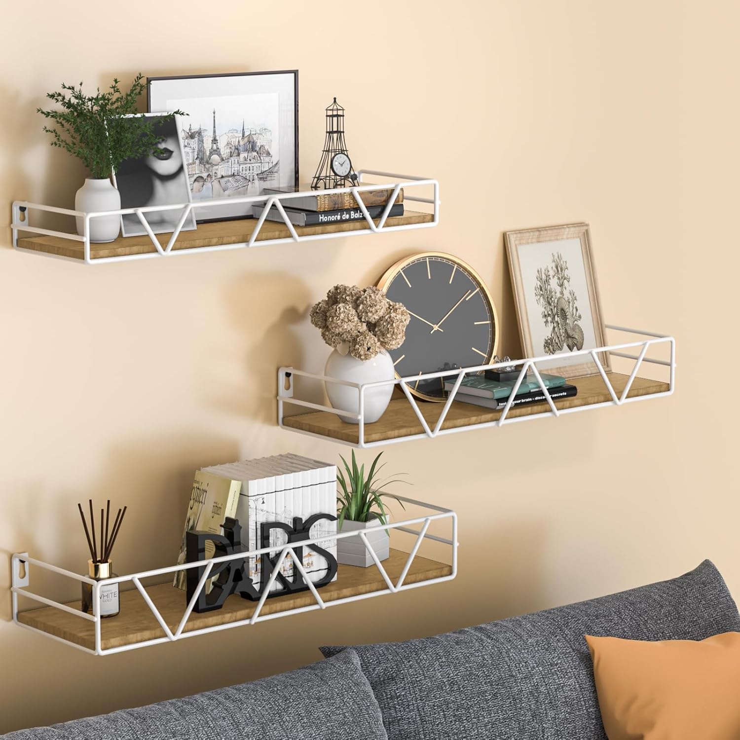 3 Piece Floating Wall Shelves Set White Farmhouse Style