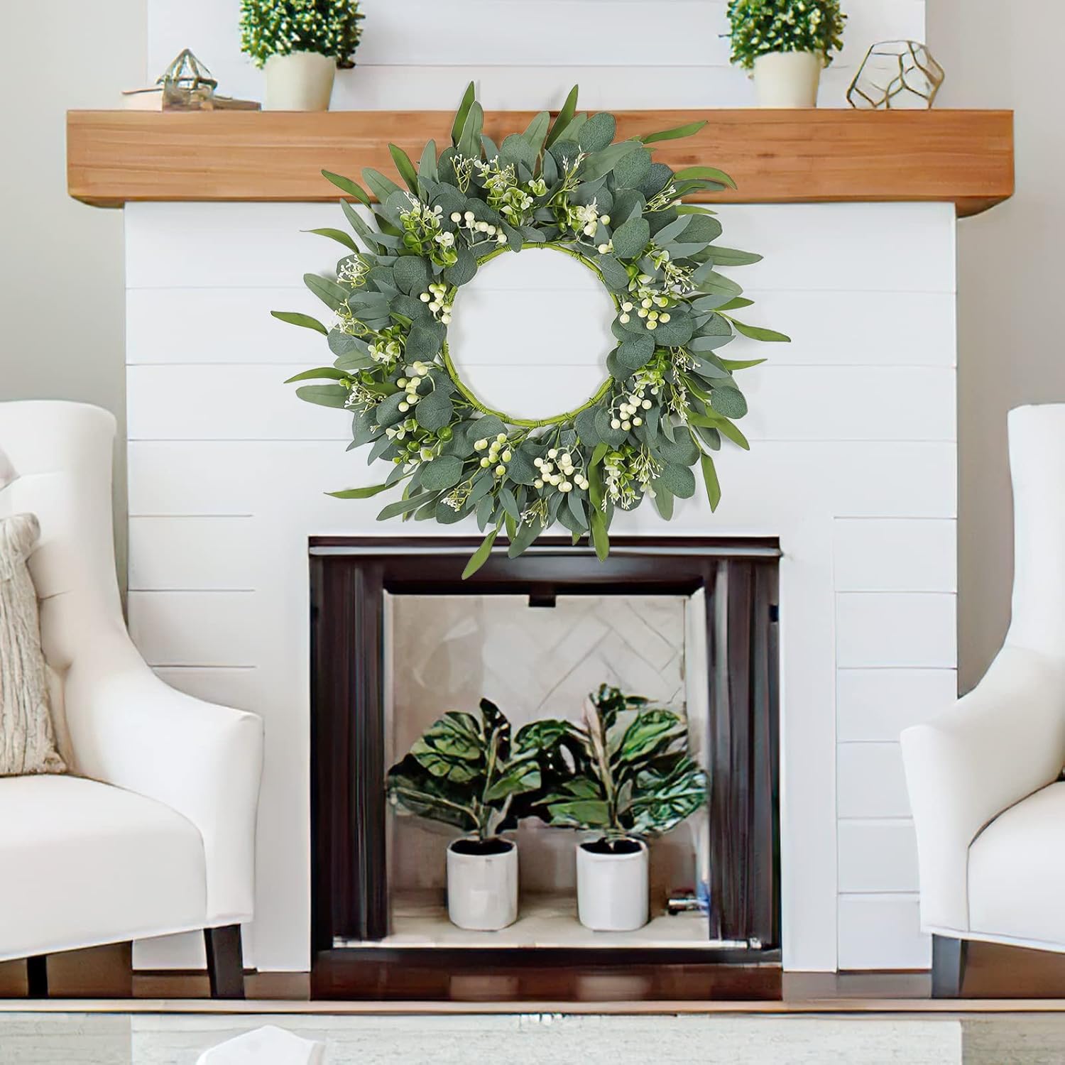TOCHGREEN 22 In Artificial Eucalyptus Wreath with White Berries