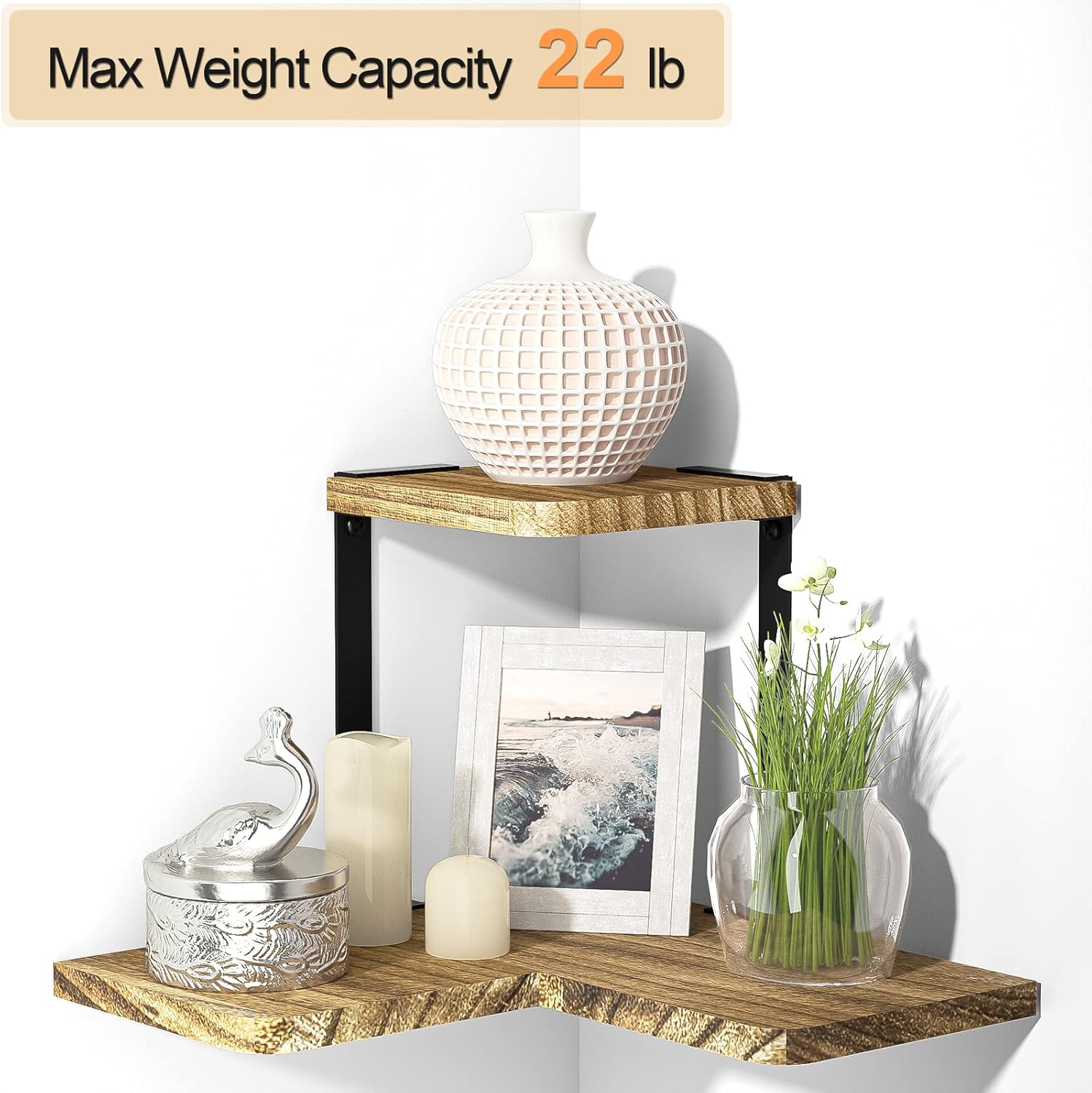 SRIWATANA Rustic Corner Shelf 2-Tier Wood Wall Mount