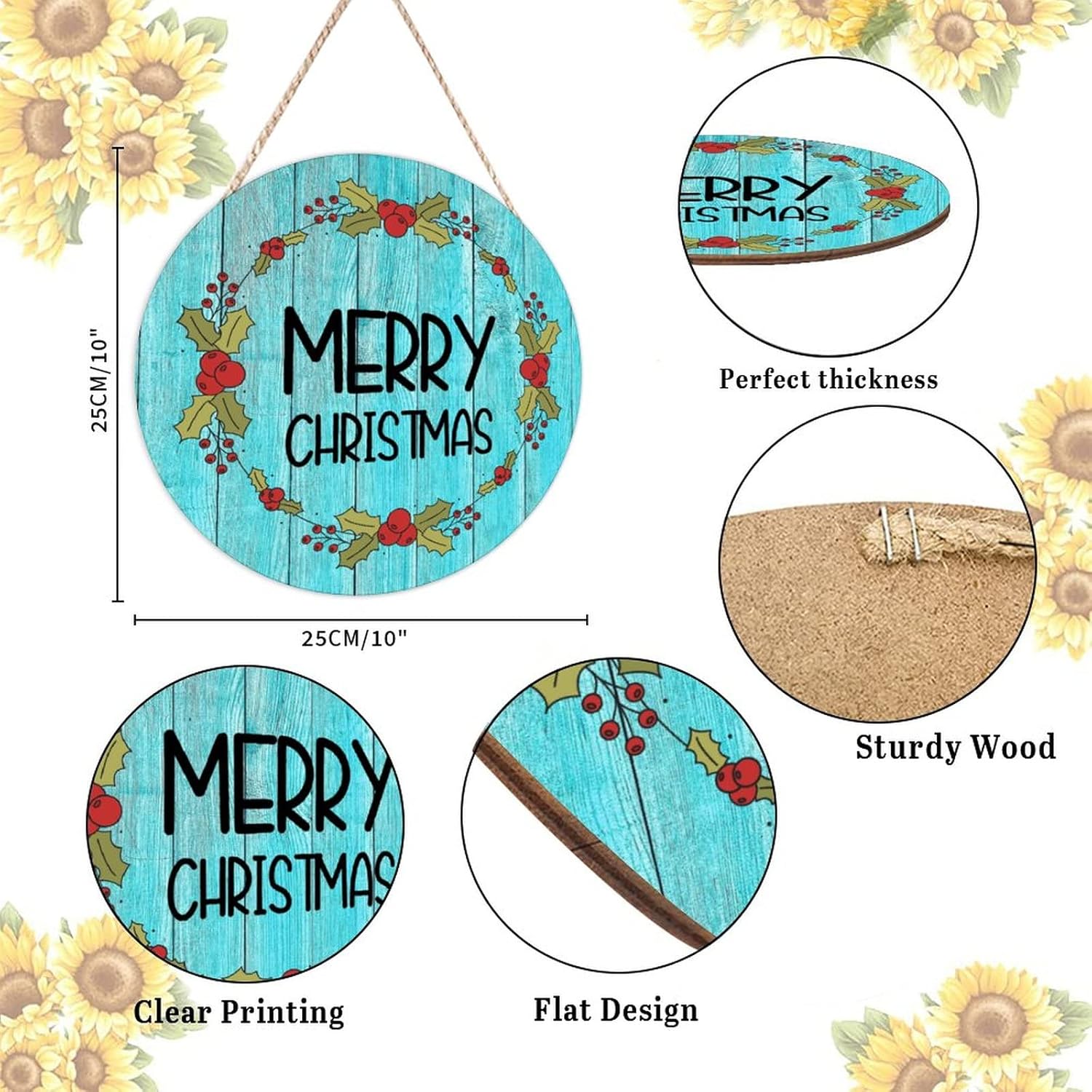 Farmhouse Front Door Hanger with Holly Christmas Wreath Wood Sign 10x10in