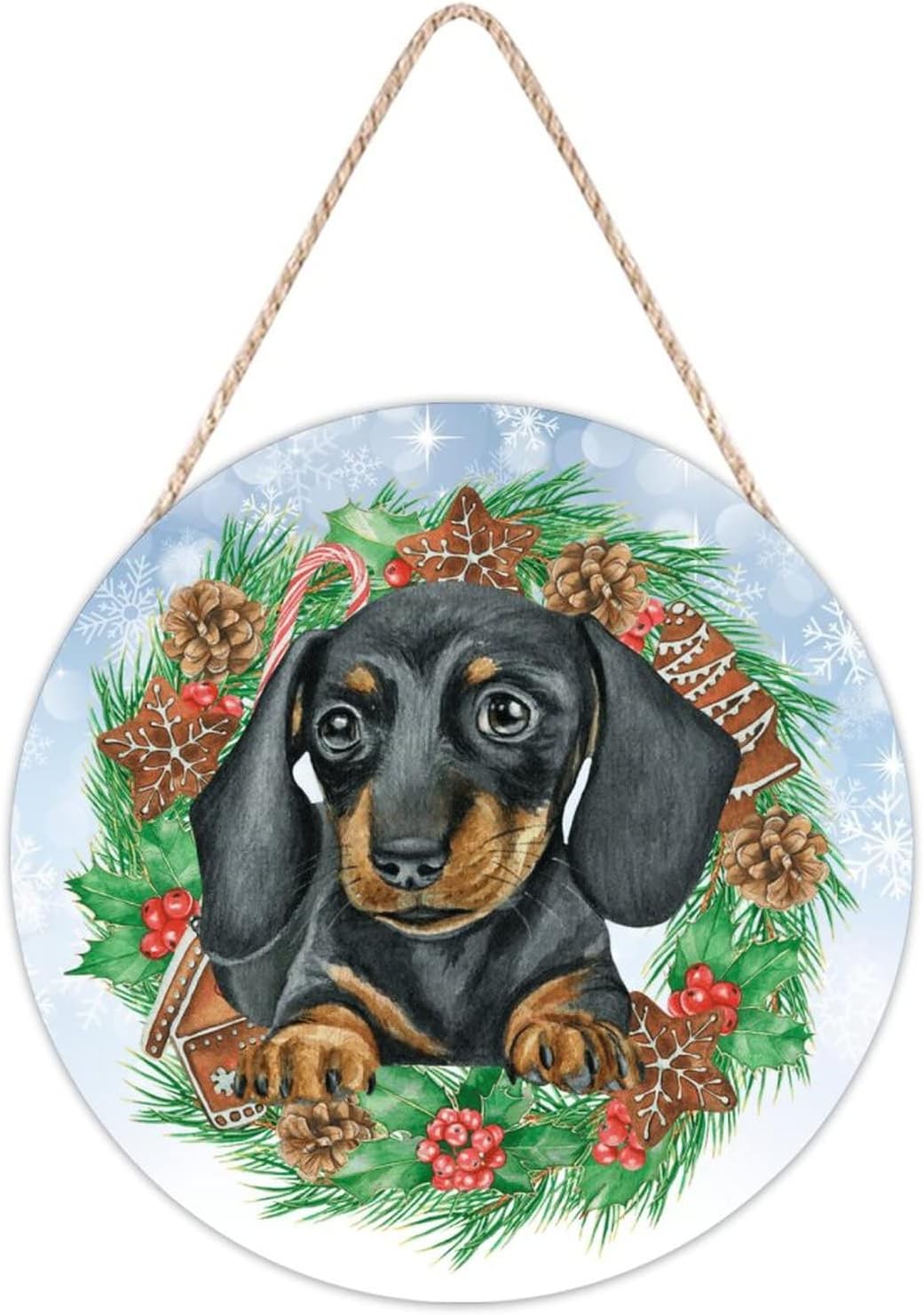 Farmhouse Front Door Hanger Christmas Dog Santa Hat Wreath Wood Sign