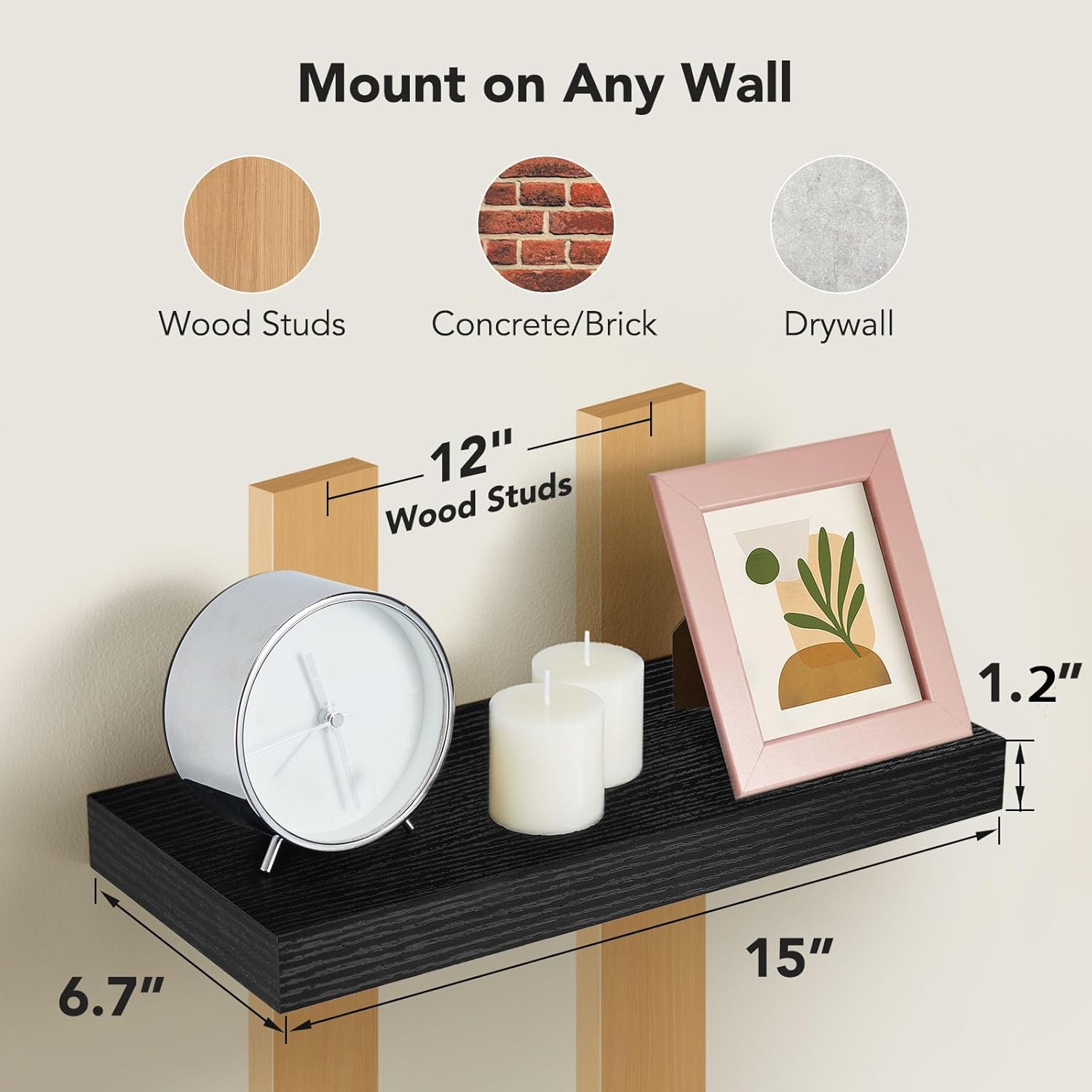 Amada Floating Shelves Wall Mounted Set of 2 Black 15x7 Inch
