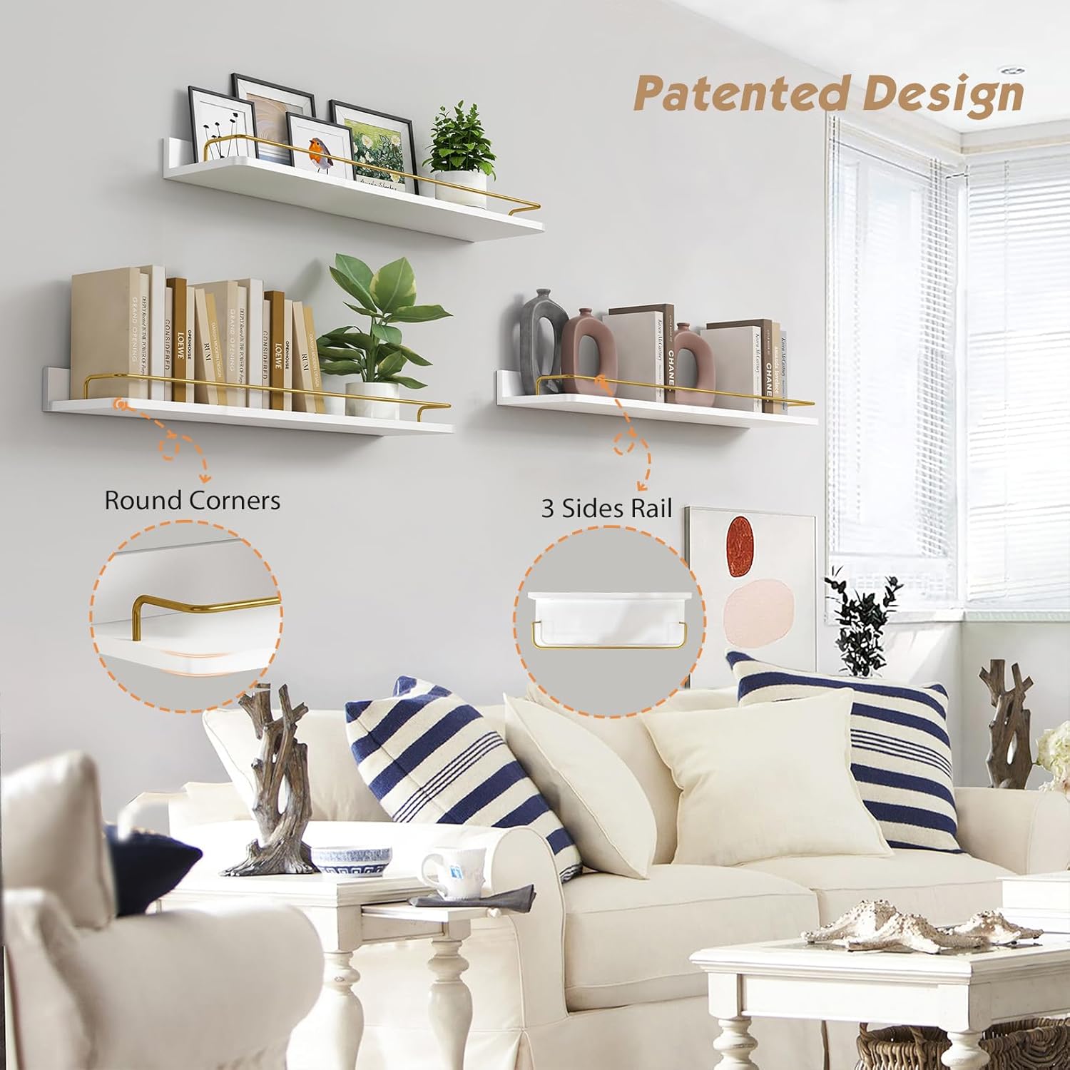 Forbena 24 Inch Floating Shelves Set of 3 Gold and White
