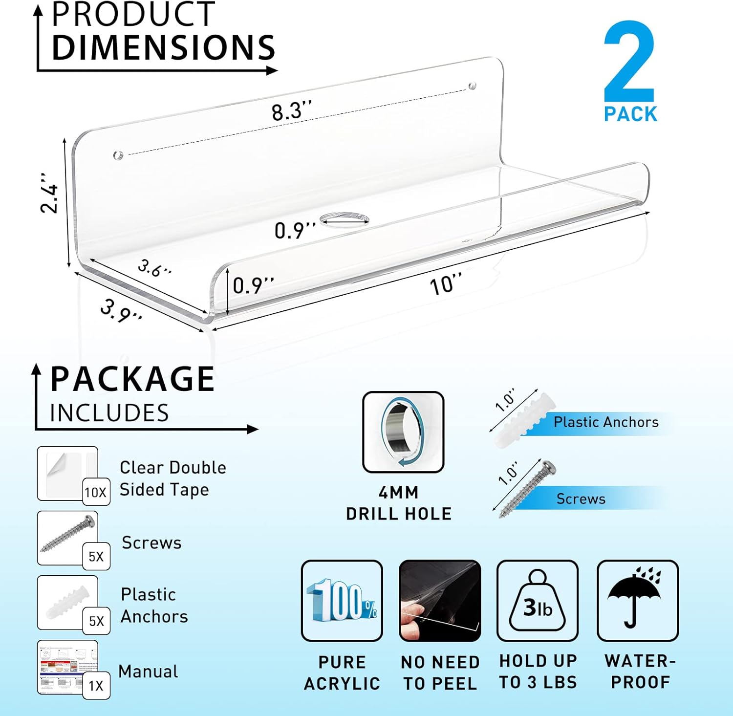 OAPRIRE 2 Pack Clear Acrylic Floating Shelves 10 Inch Set