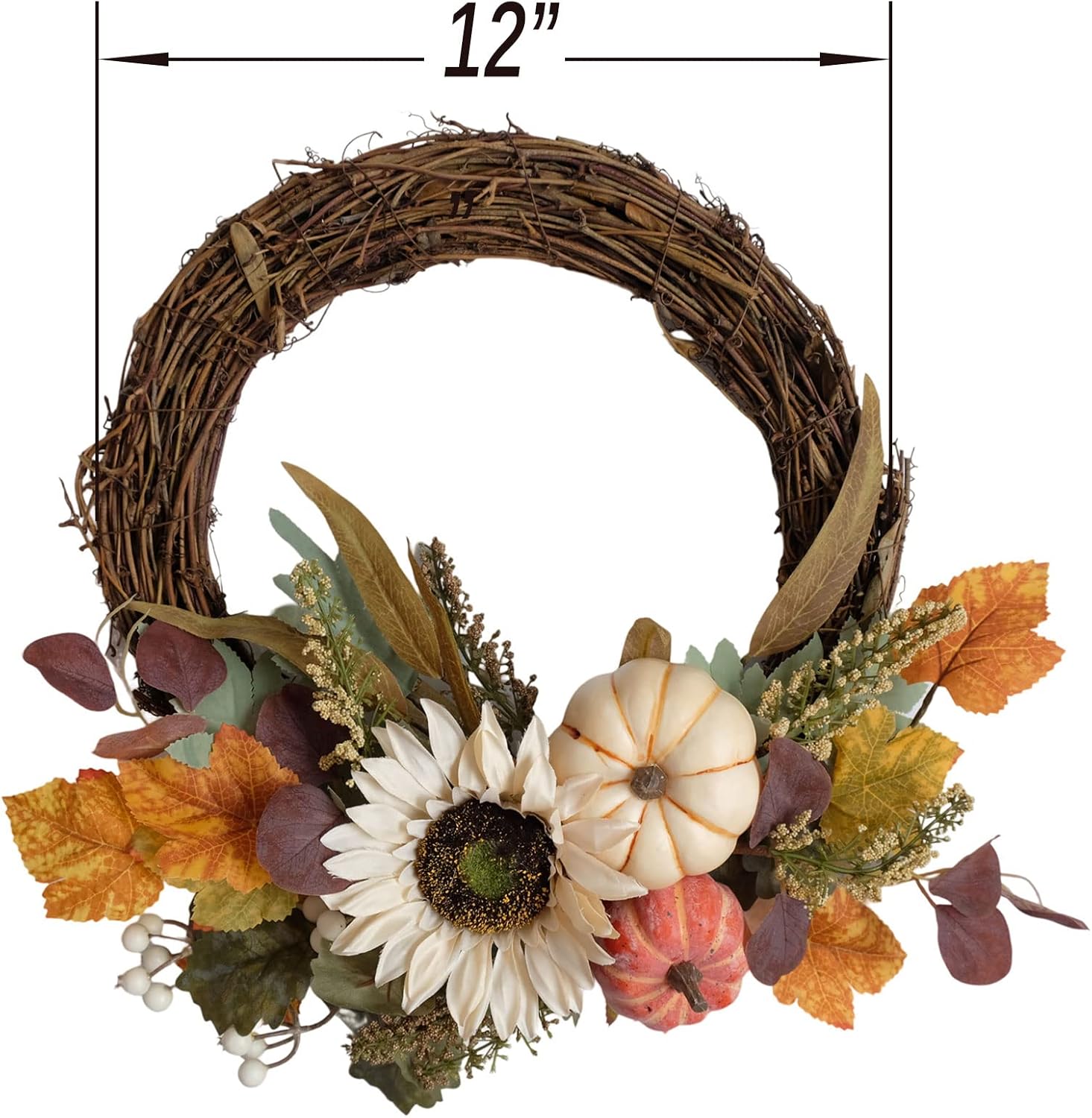 12 Inch Fall Harvest Wreath with Pumpkins and Sunflowers