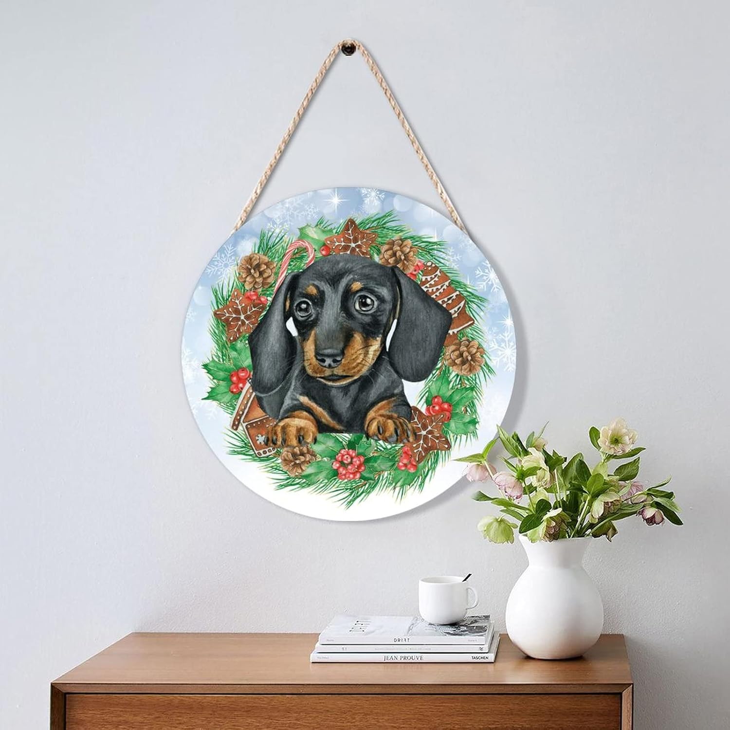 Farmhouse Front Door Hanger Christmas Dog Santa Hat Wreath Wood Sign