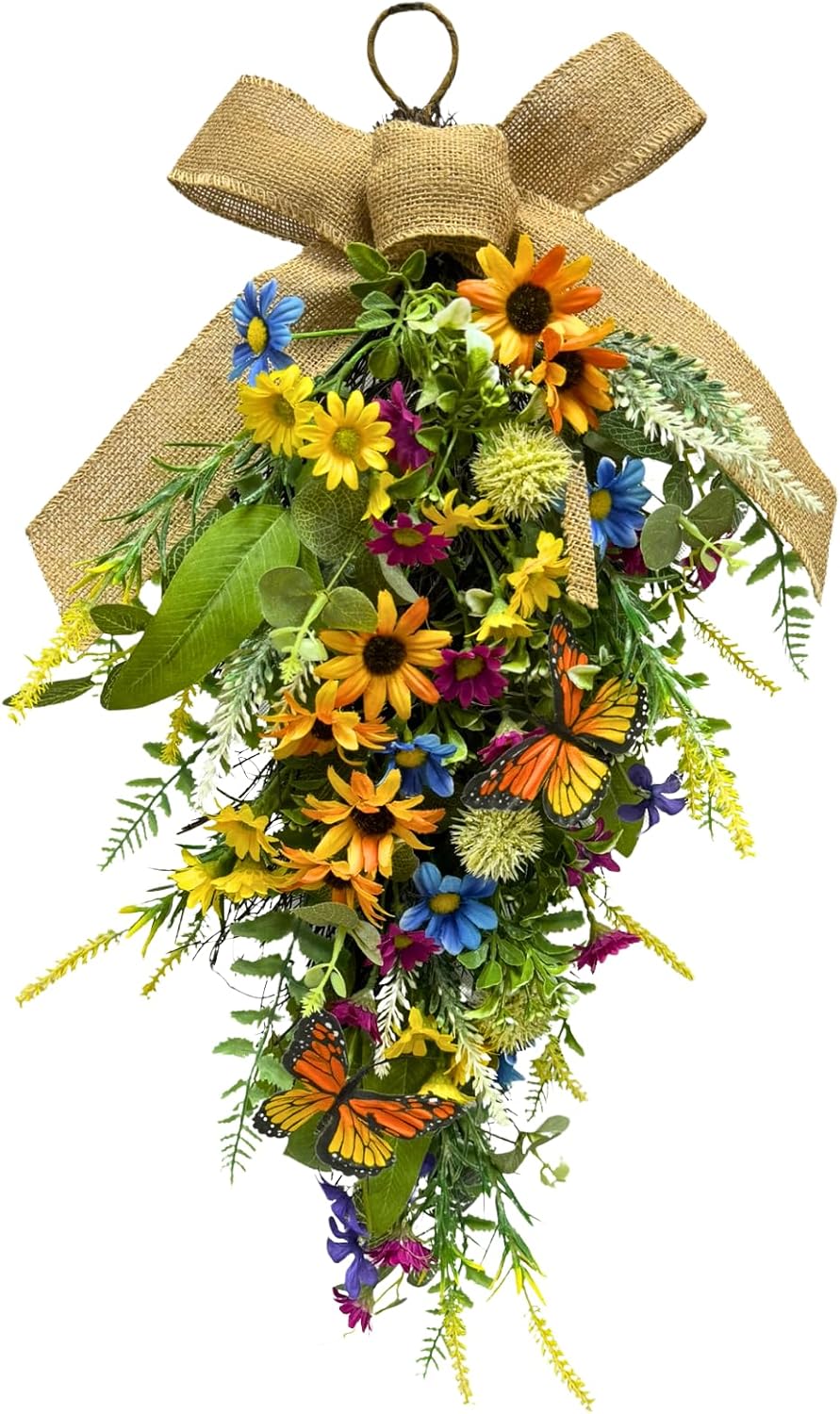 Pre-Lit Teardrop Wreath with Sunflowers and Daisies