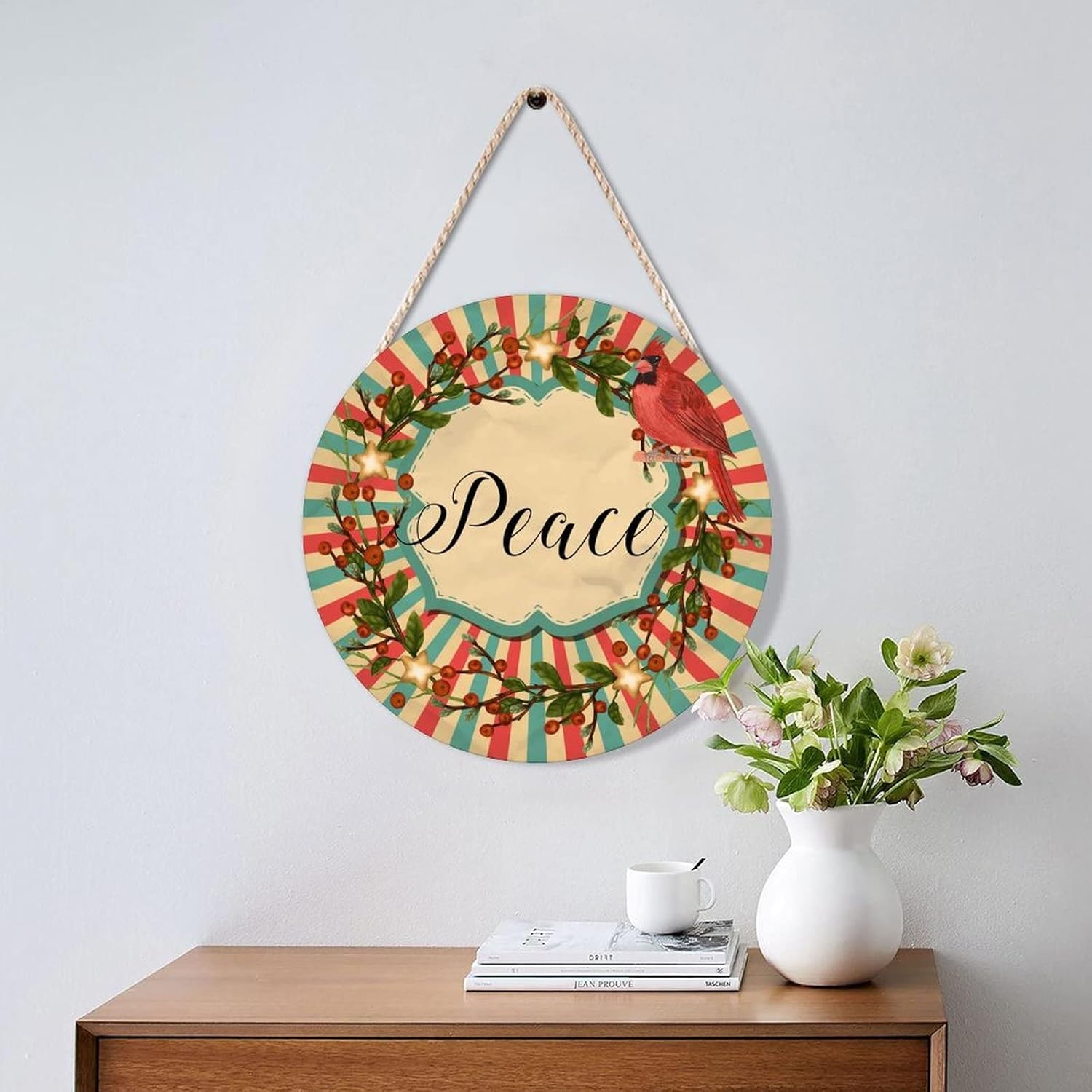 Farmhouse Door Hanger Red Birds Holly Christmas Peace Wood Sign 10x10in