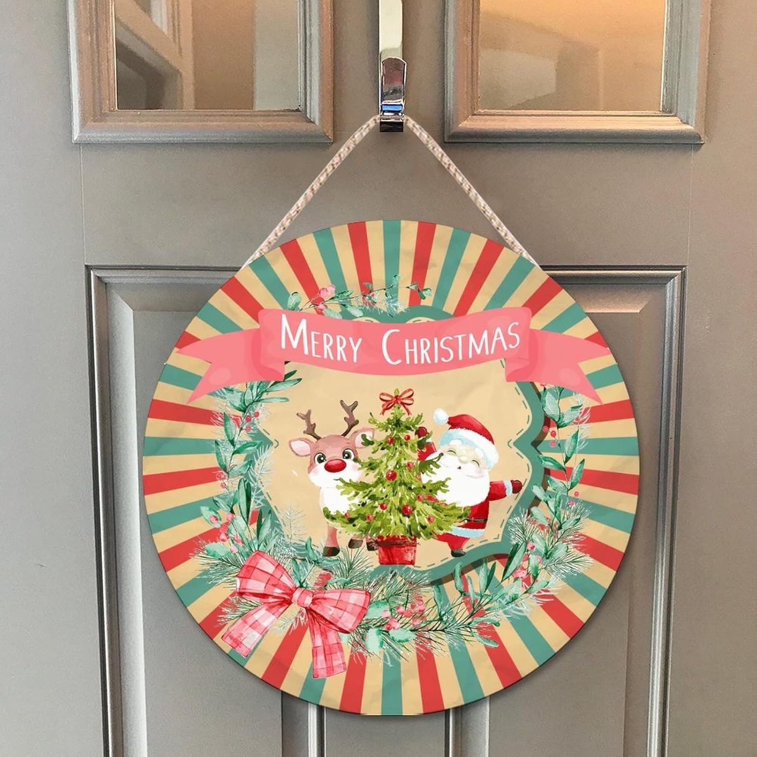 Funny Farmhouse Door Hanger Santa Reindeer Wreath Sign 10x10in