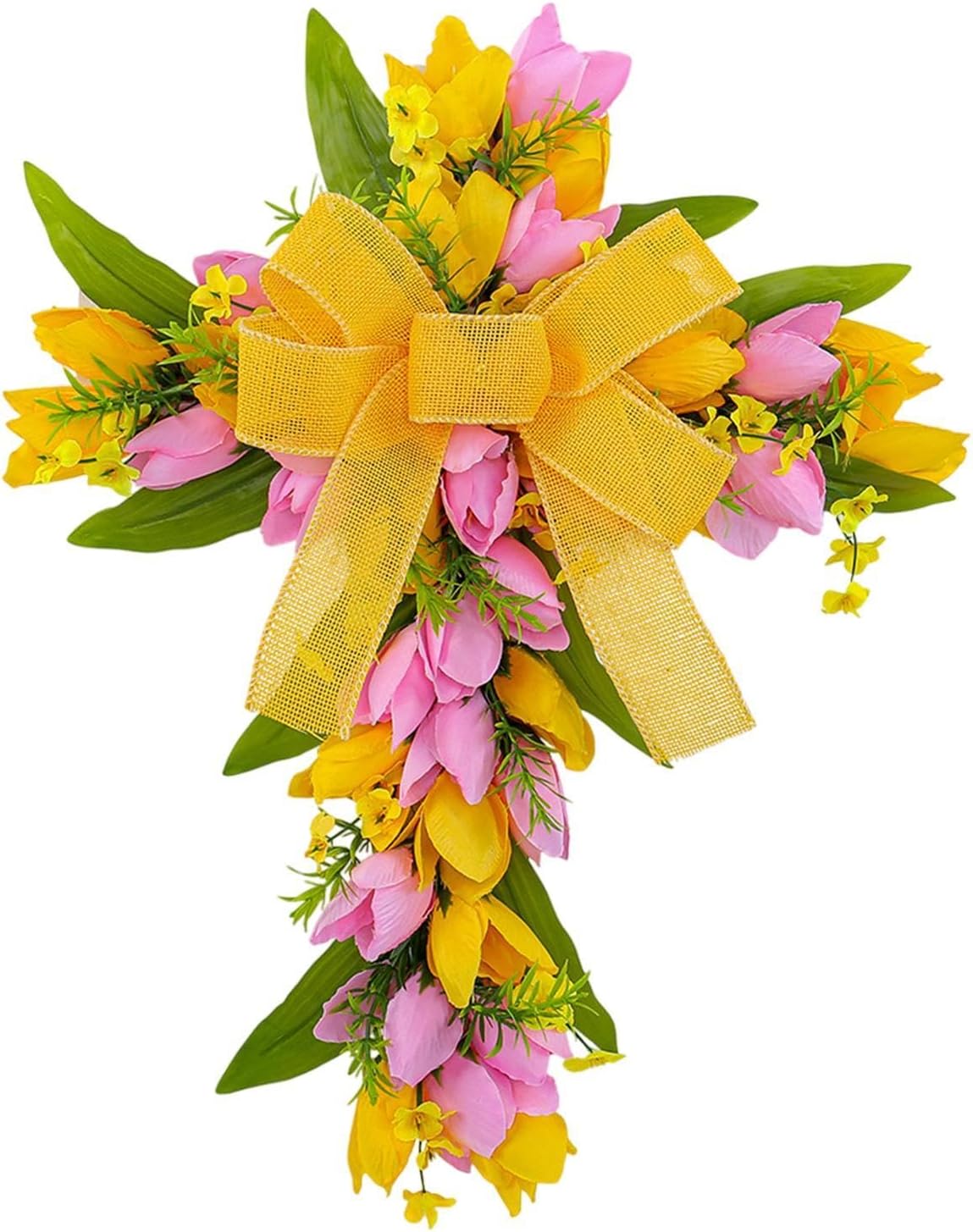 Easter Cross Wreath Artificial Flower Garland Spring Door Wreath Pink Yellow Tulip