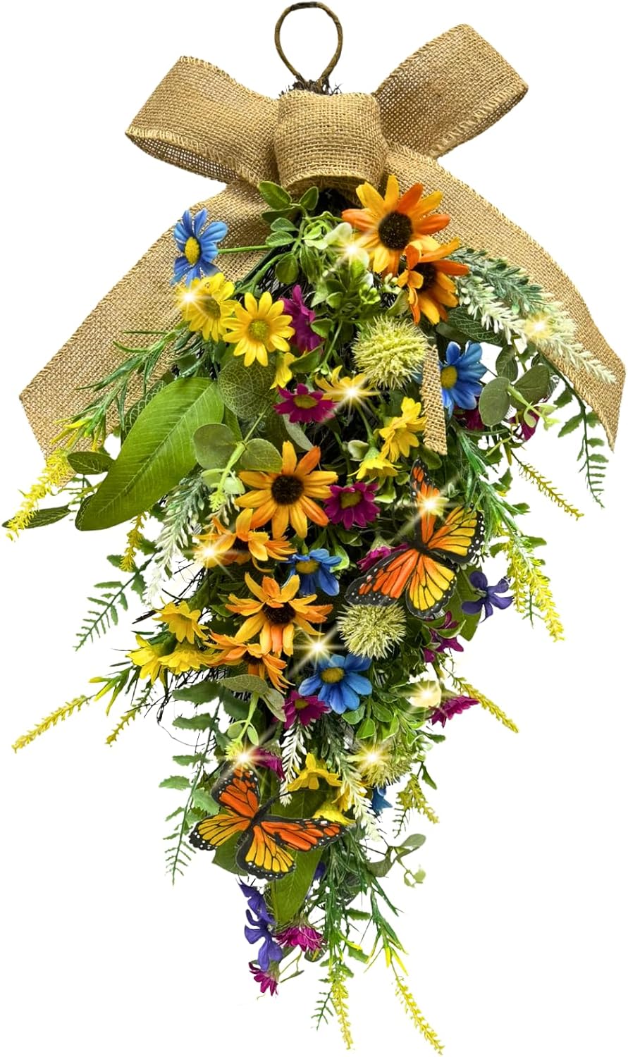 Pre-Lit Teardrop Wreath with Sunflowers and Daisies