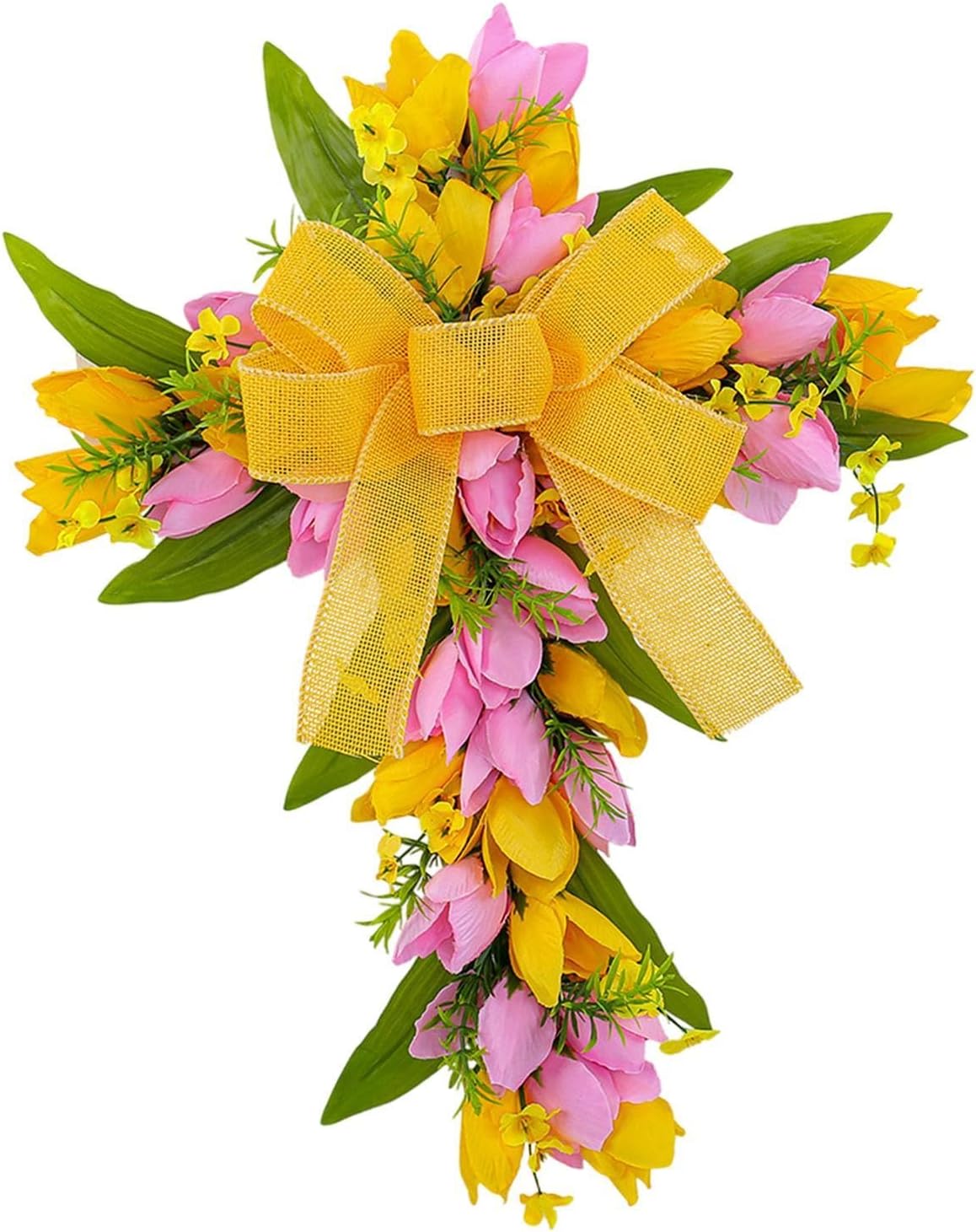 Easter Cross Wreath Artificial Flower Garland Spring Door Wreath Pink Yellow Tulip