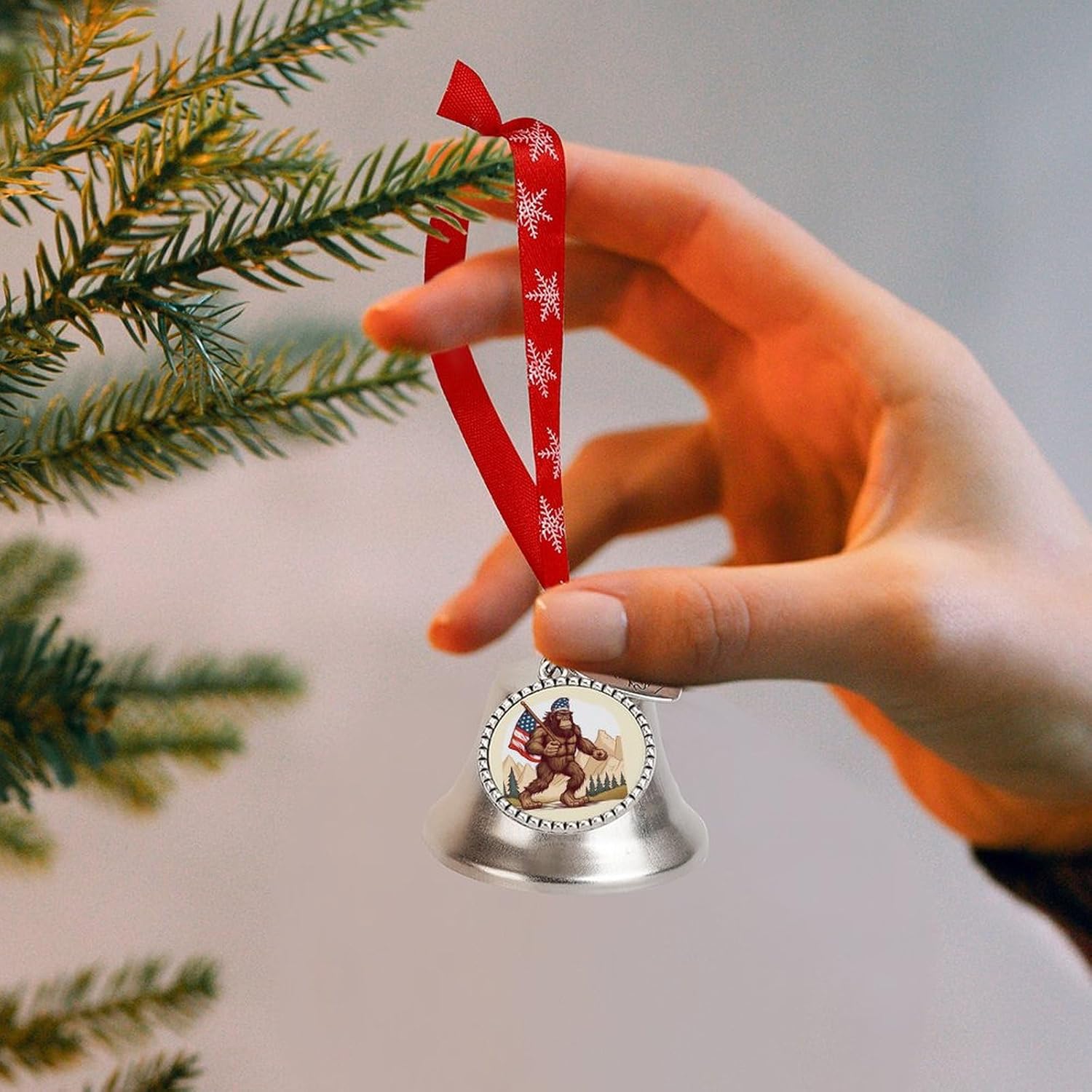 Bigfoot USA Flag Christmas Hanging Bell Ornament Decor