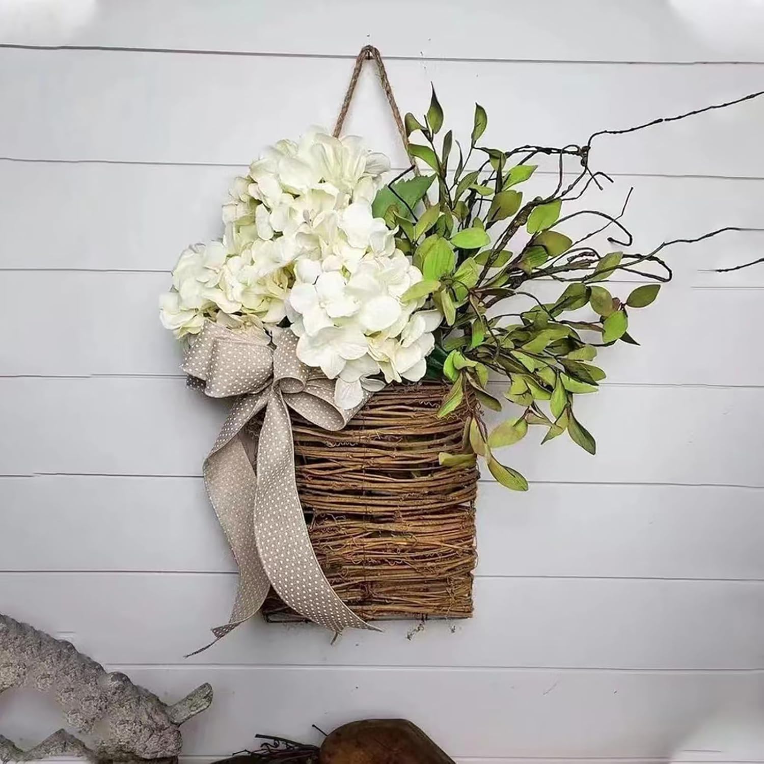 Cream Hydrangea Door Wreath Basket Hanger