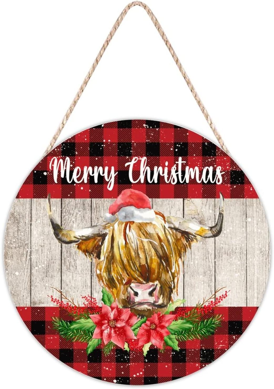 Farmhouse Door Hanger Red Buffalo Plaid Wood Sign 10x10in