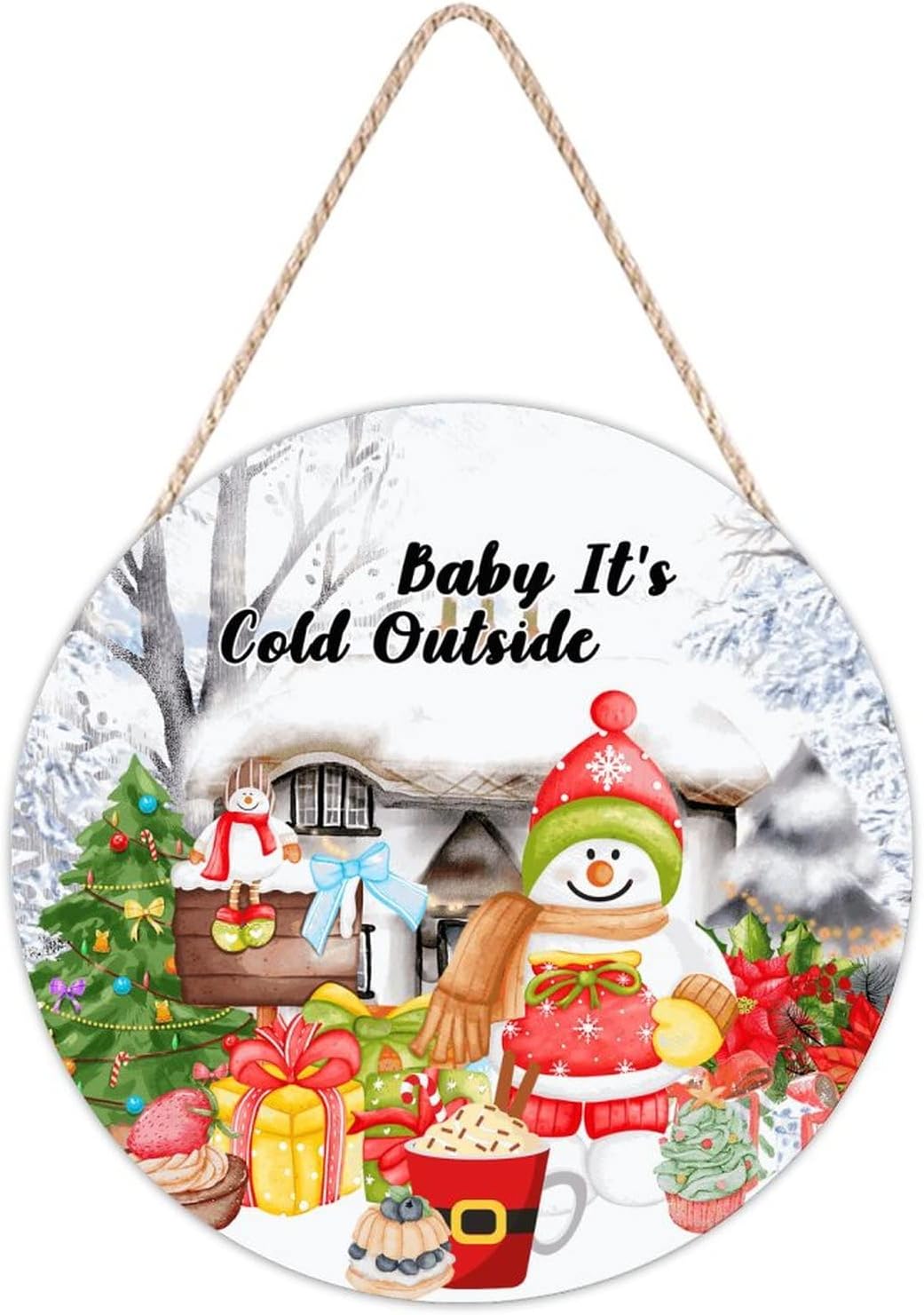 Farmhouse Front Door Hanger Winter Snowy Scene 12x12in Wood Sign
