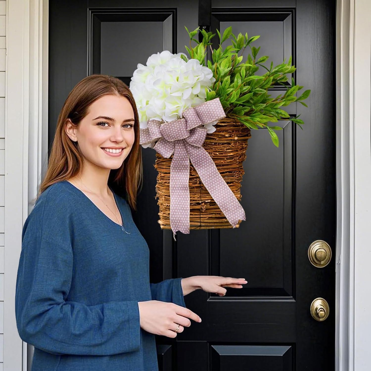 2025 Cream Hydrangea Door Wreath with Rattan Basket