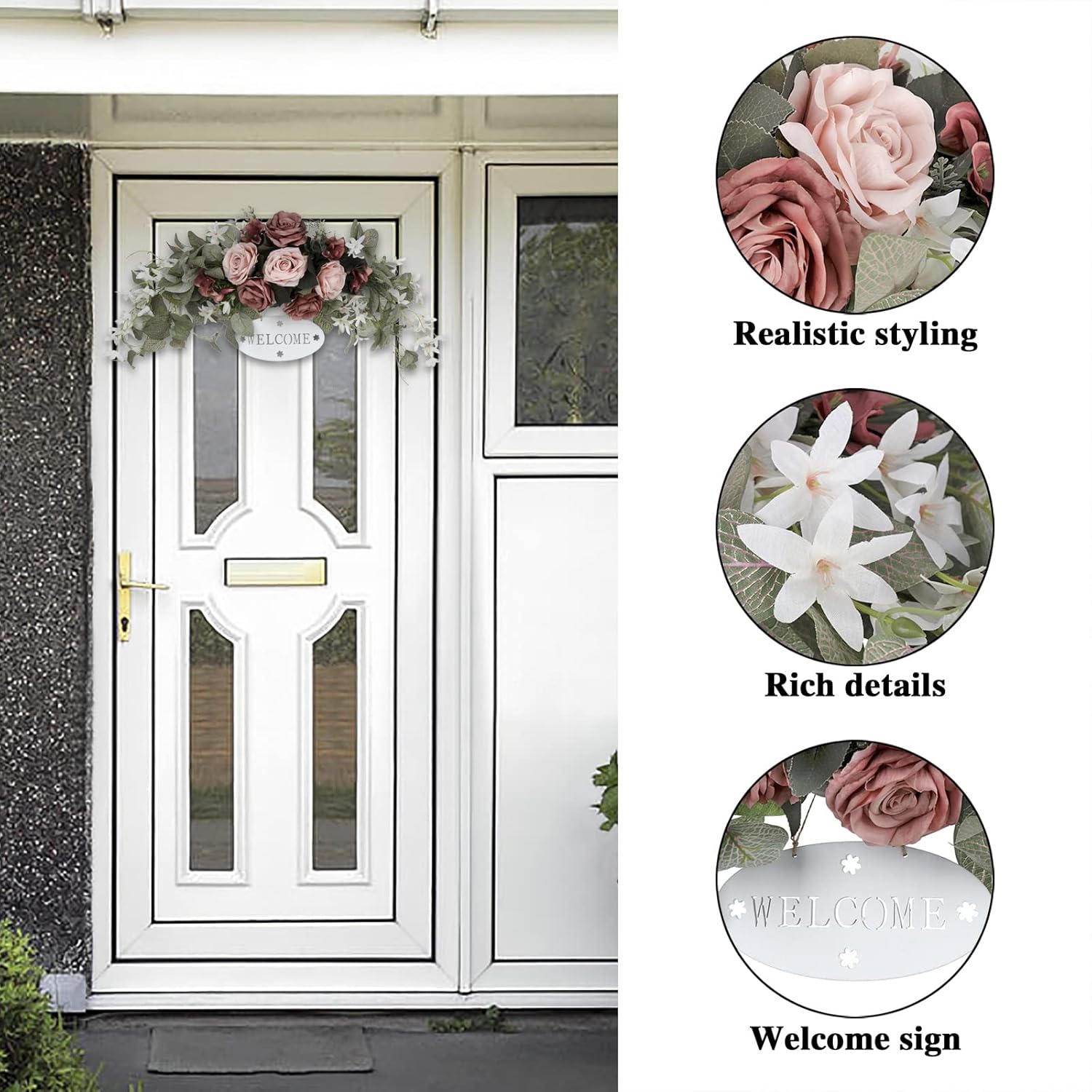 POTRUWE Artificial Rose and Leaves Front Door Wreath