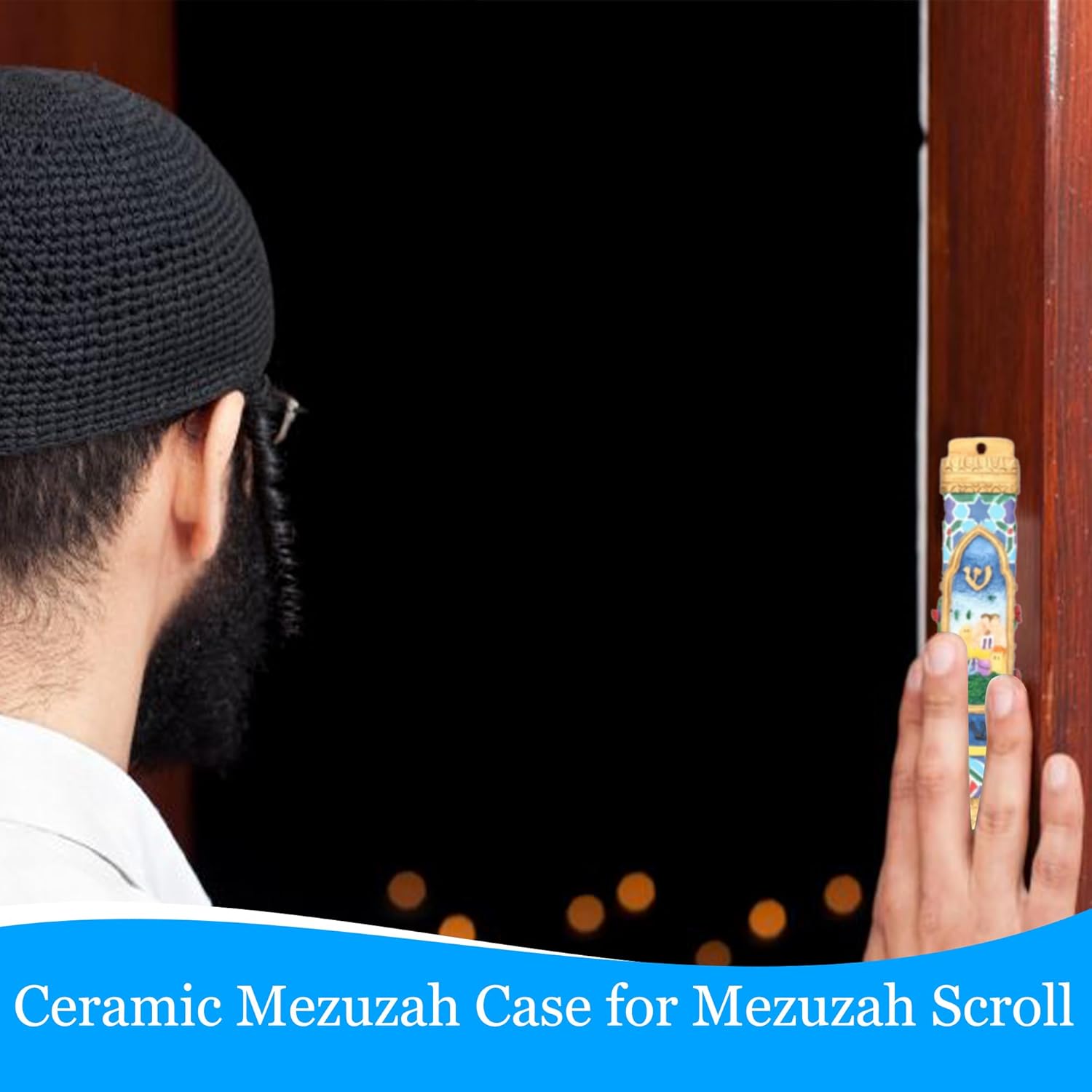 Ceramic Mezuzah Case with Gold-Red Butterflies Design