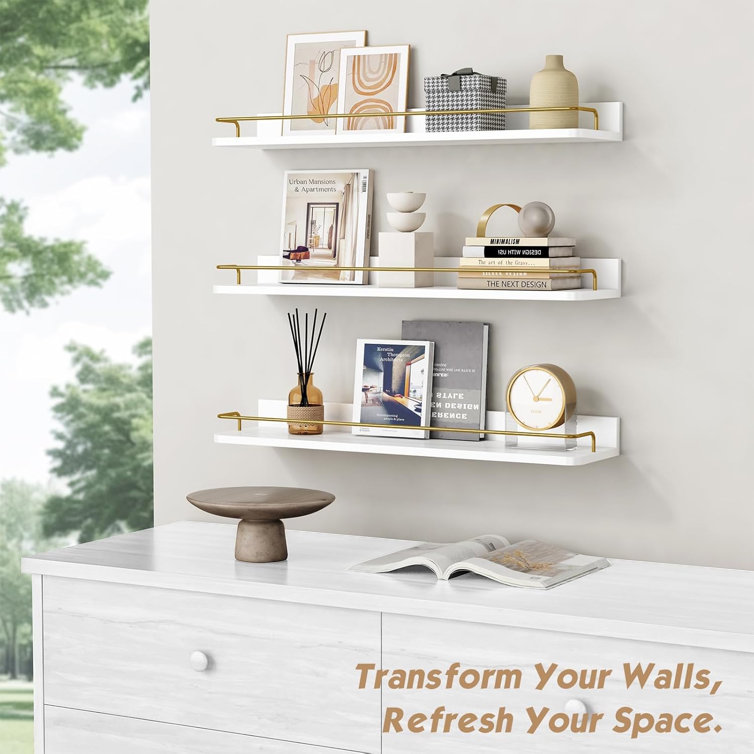 Forbena 24 Inch Floating Shelves Set of 3 Gold and White
