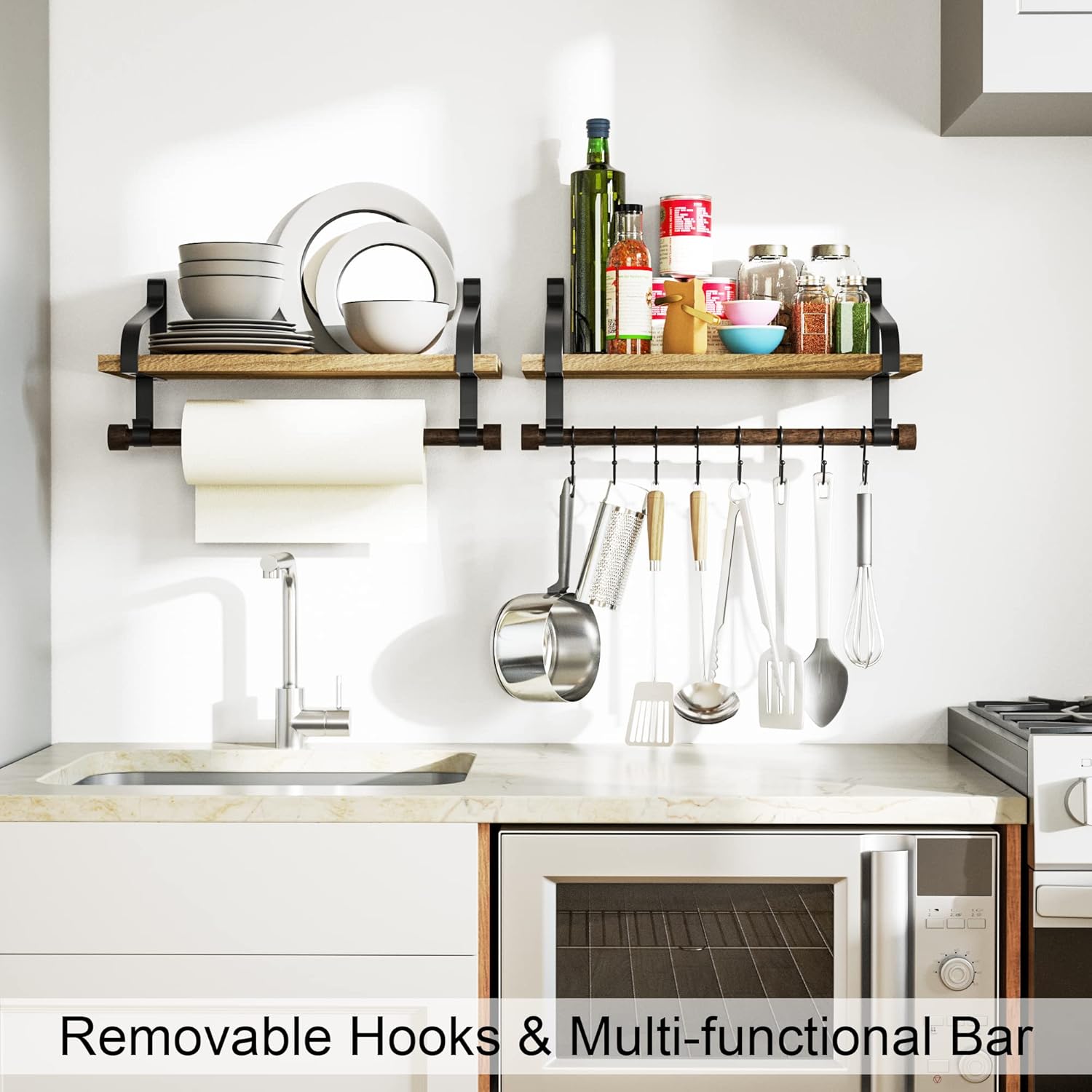 Love-KANKEI Floating Shelf with 8 Hooks and Towel Bar