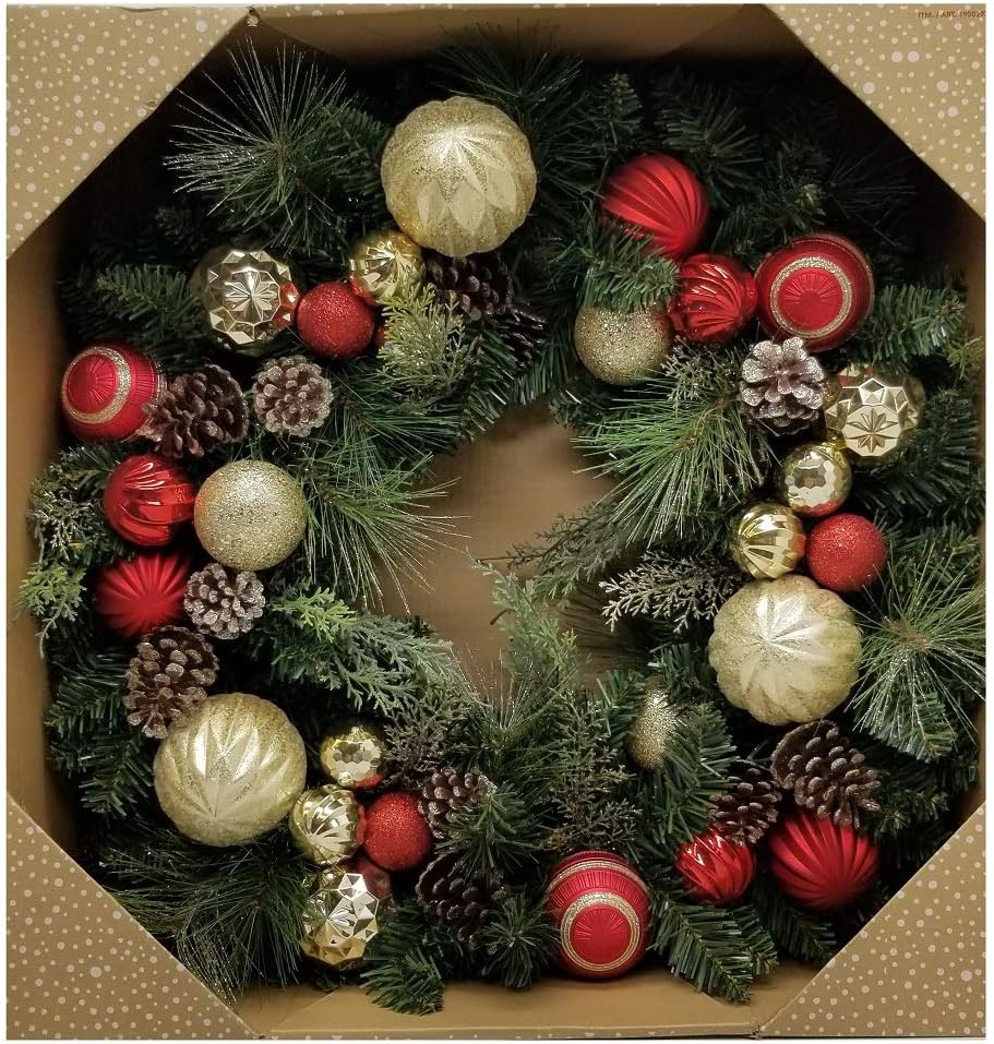 CG Hunter 30 Inch Holiday Wreath With Pine Cones and Red Gold Balls