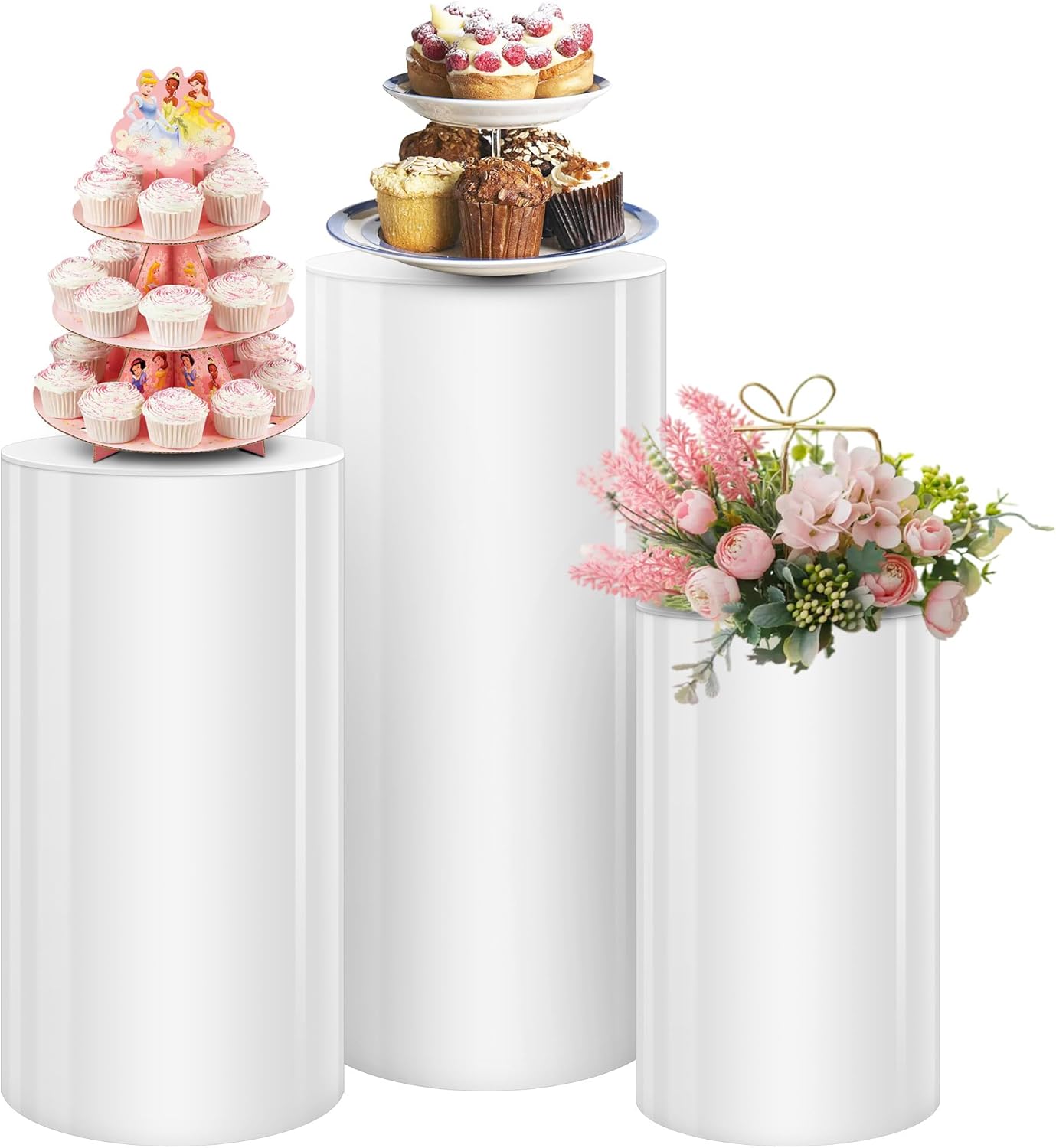 3PCS White Cylinder Pedestal Stands for Party Displays