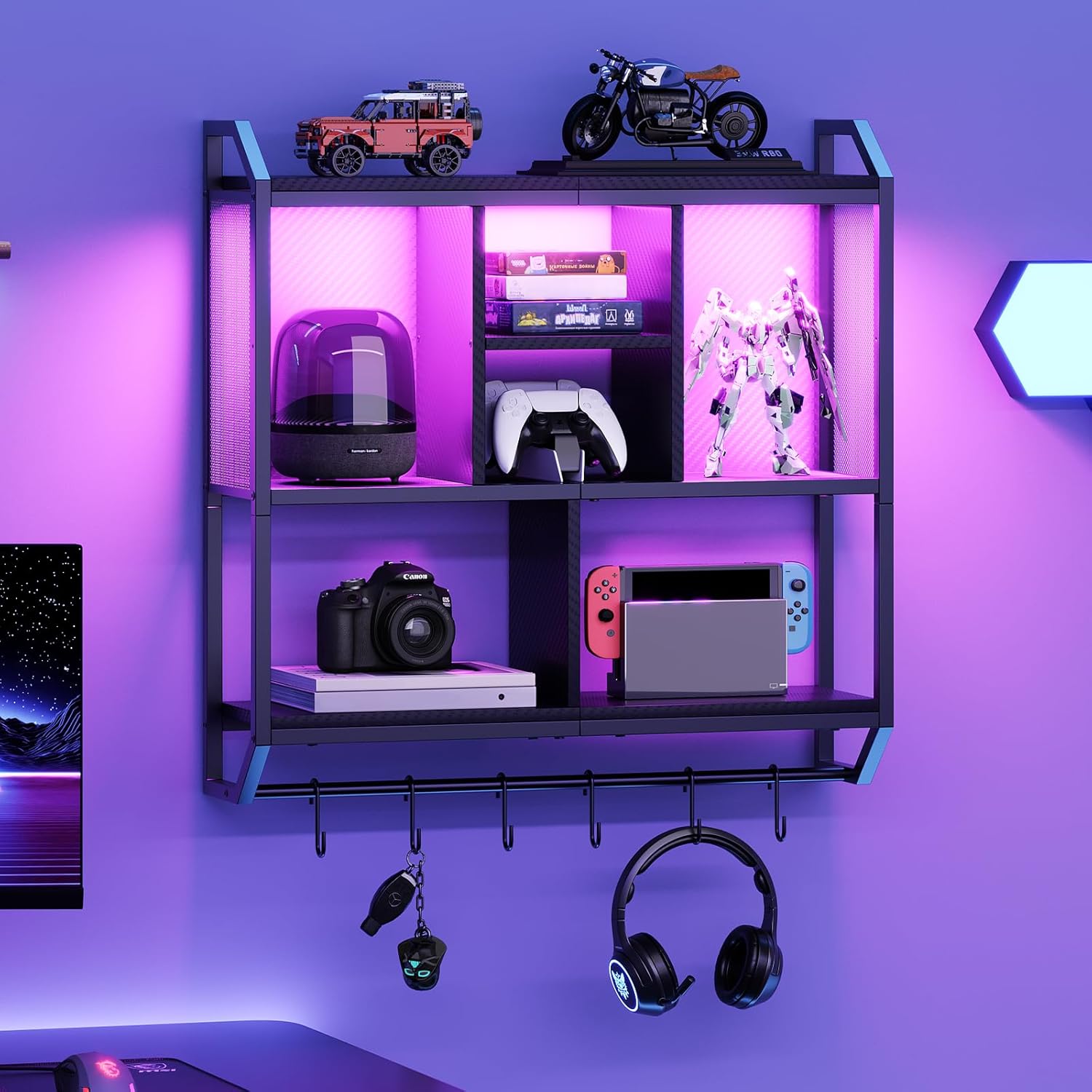 HOOBRO 3-Tier Floating Gaming Shelf with LED Lights Black