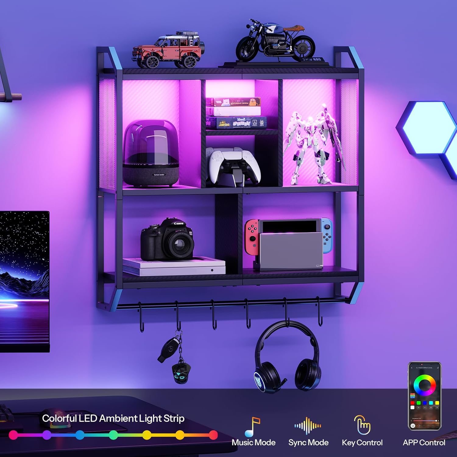 HOOBRO 3-Tier Floating Gaming Shelf with LED Lights Black