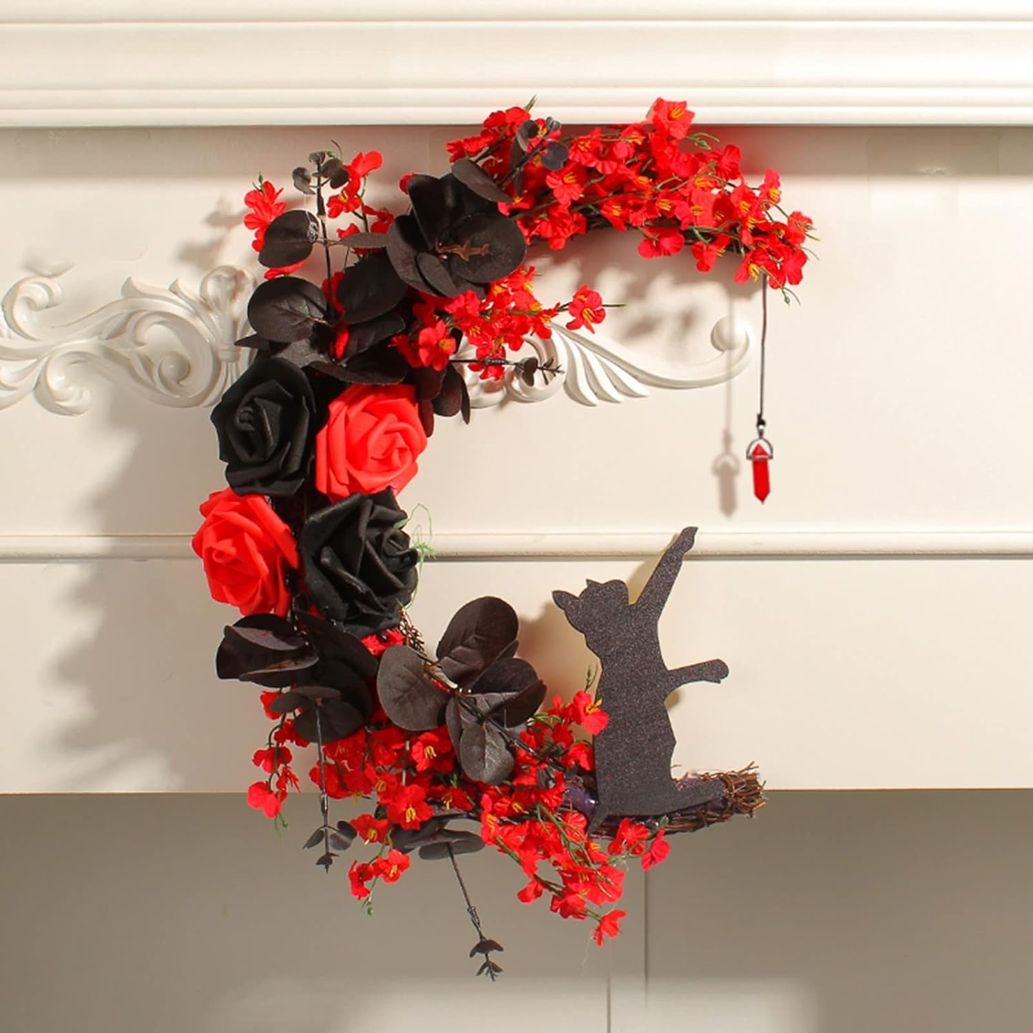 Lighted Cat Wreath with Purple Flowers and Celestial Door Hanger