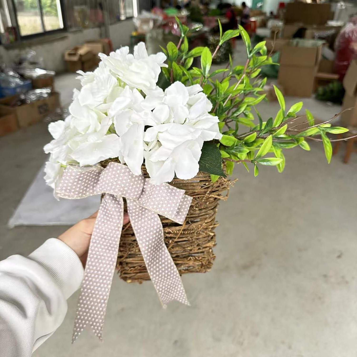 Cream Hydrangea Door Wreath Basket Hanger