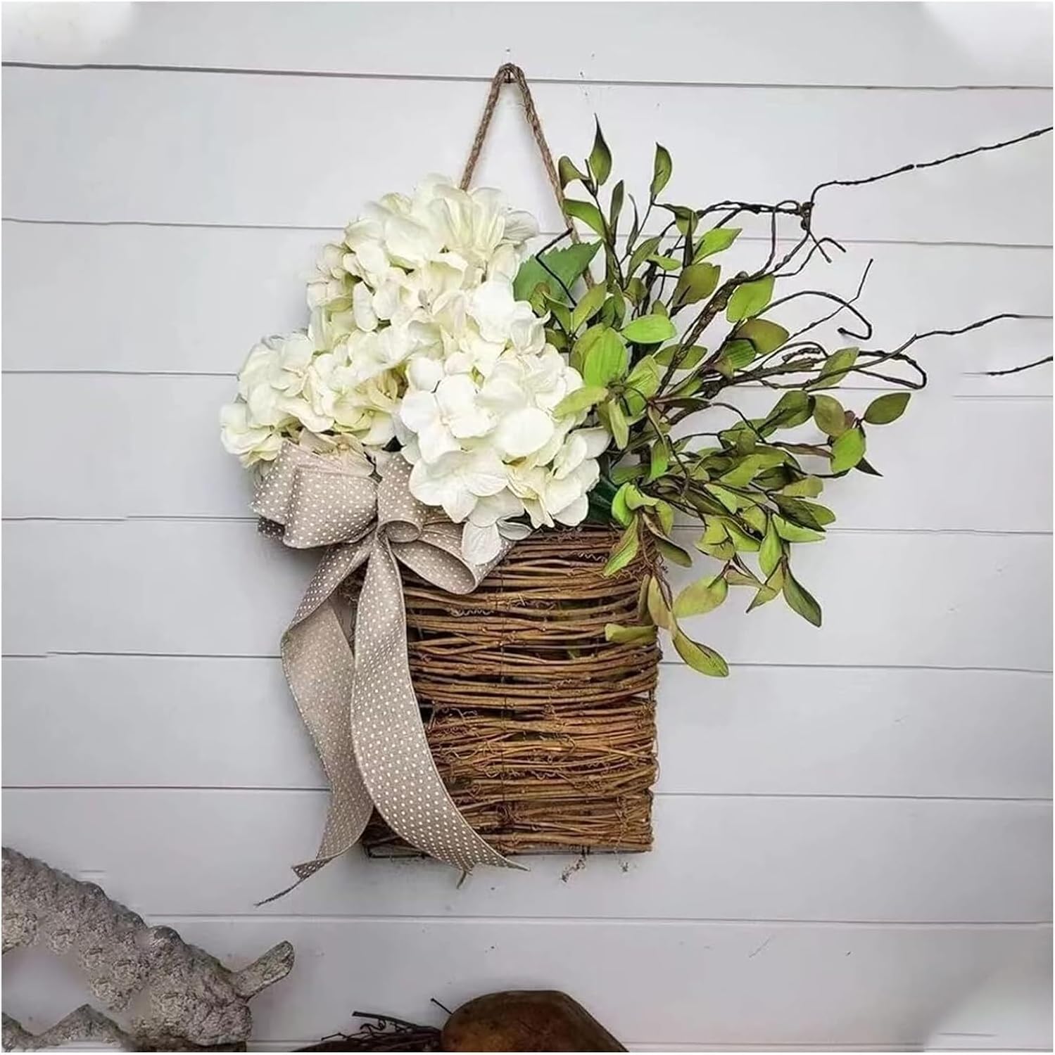 Cream Hydrangea Door Hanger Basket Wreath Farmhouse Decor