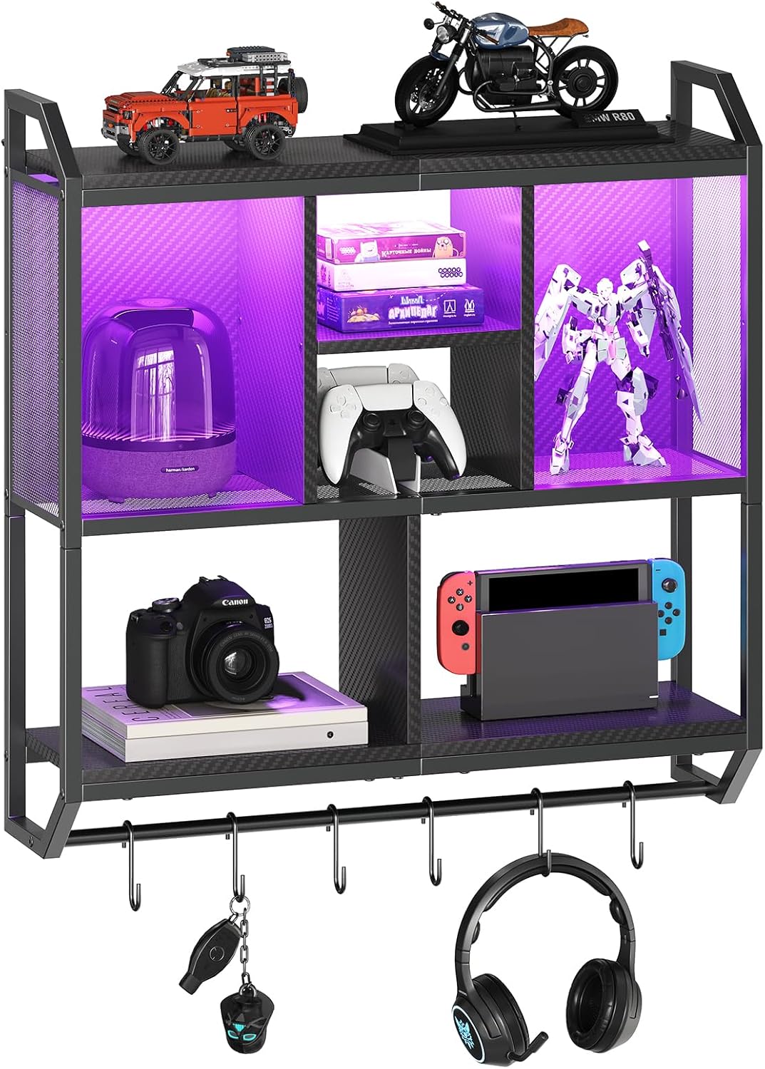 HOOBRO 3-Tier Floating Gaming Shelf with LED Lights Black