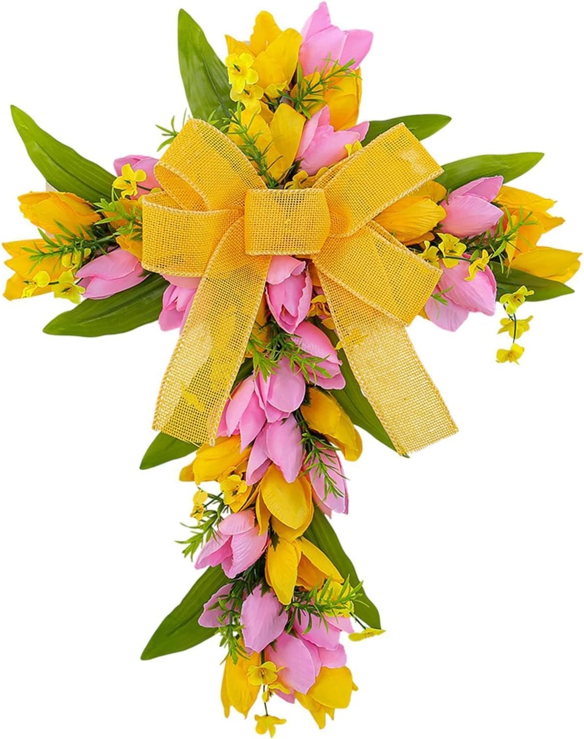 Easter Cross Wreath Artificial Flower Garland Spring Door Wreath Pink Yellow Tulip