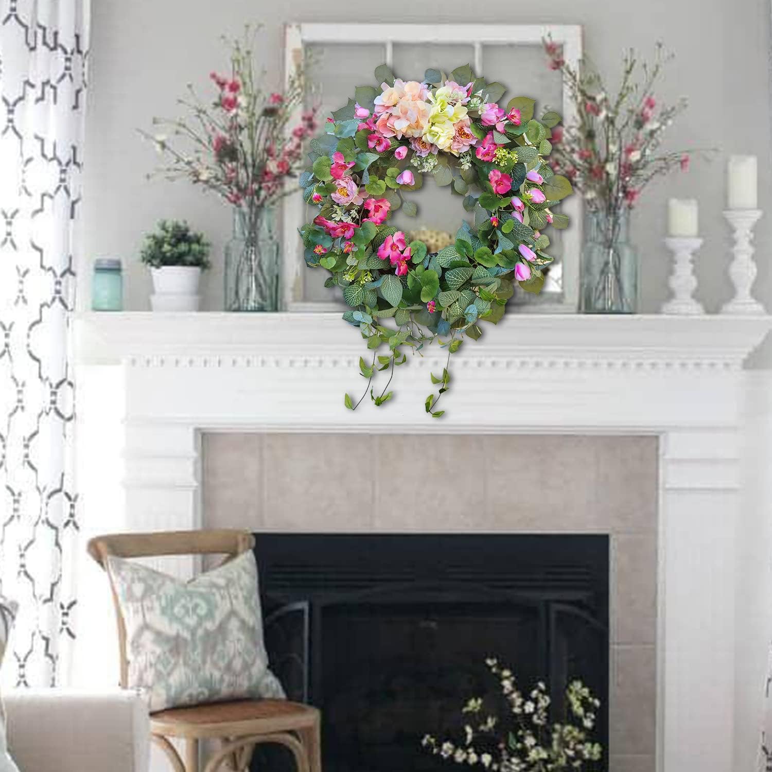 24 Inch Spring Wreath with Pink Tulips and Purple Hydrangeas