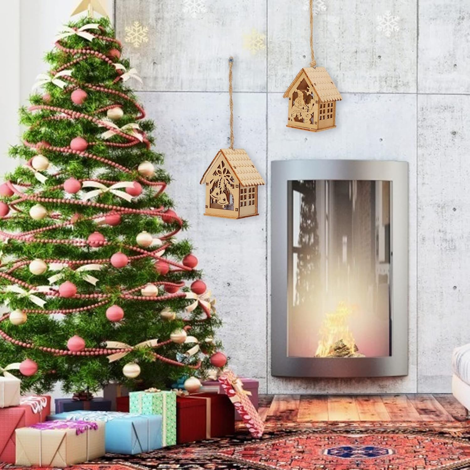 Uonlytech 2pcs Luminous Wooden Christmas Pendant for Home Decor