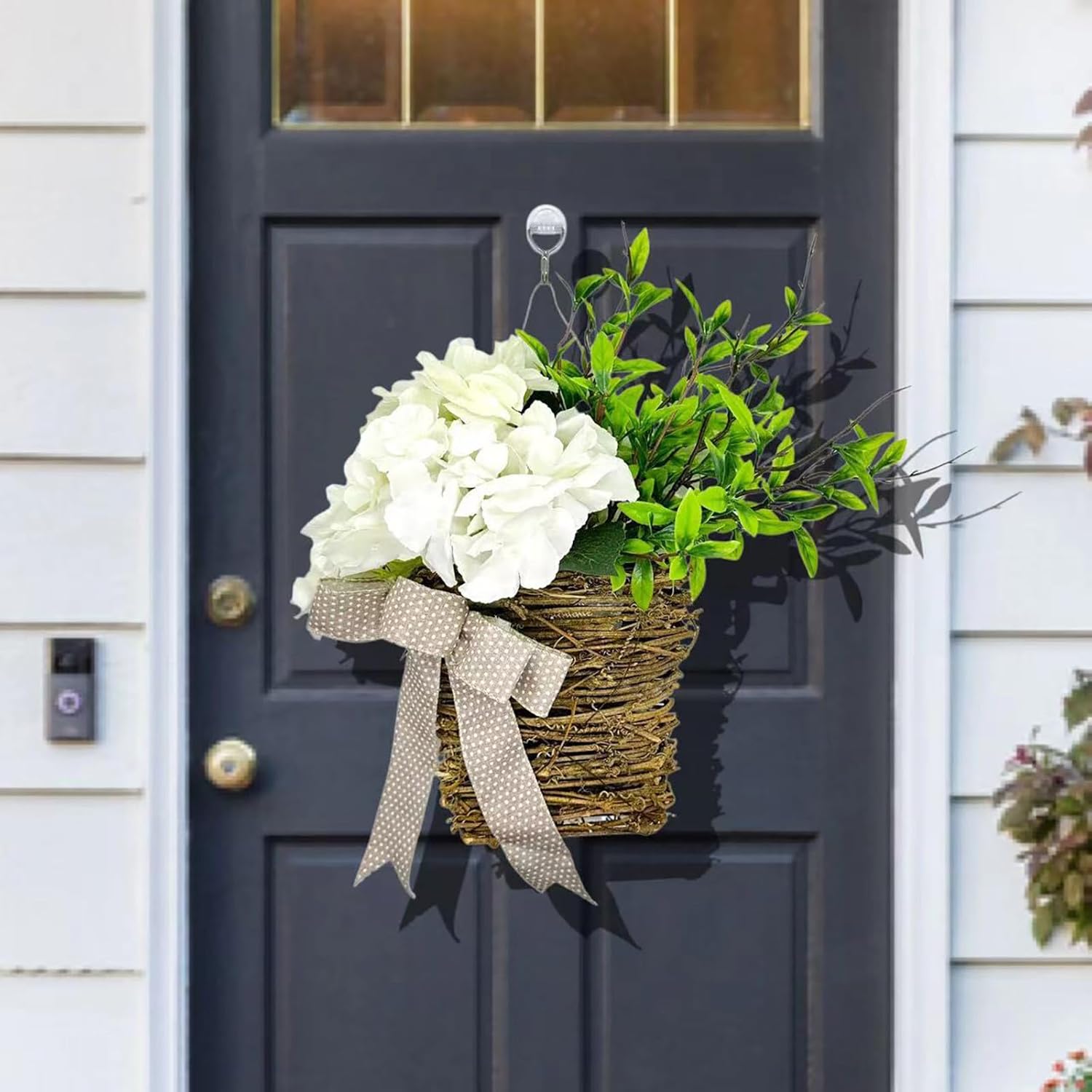 Cream Hydrangea Door Wreath Basket Hanger