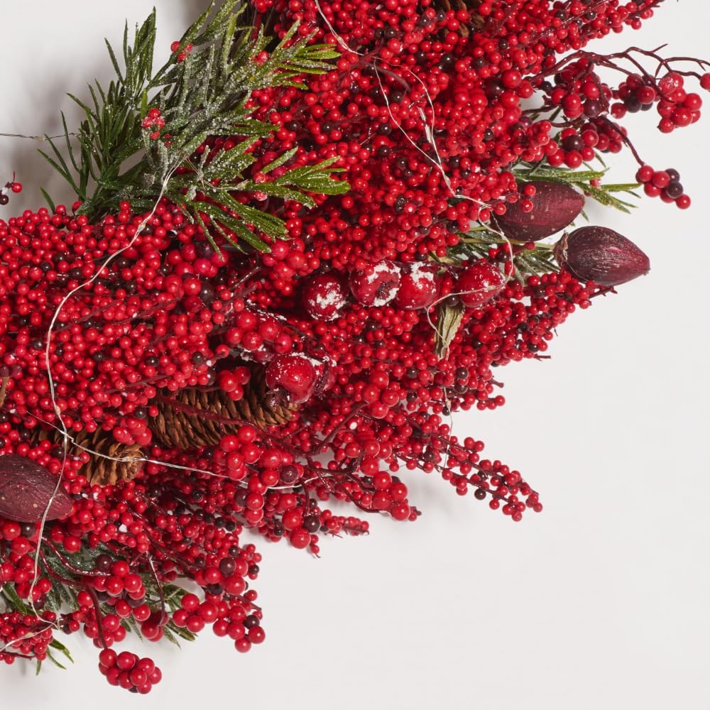 SAFAVIEH 30-Inch LED Light Wreath with Pine and Red Berries