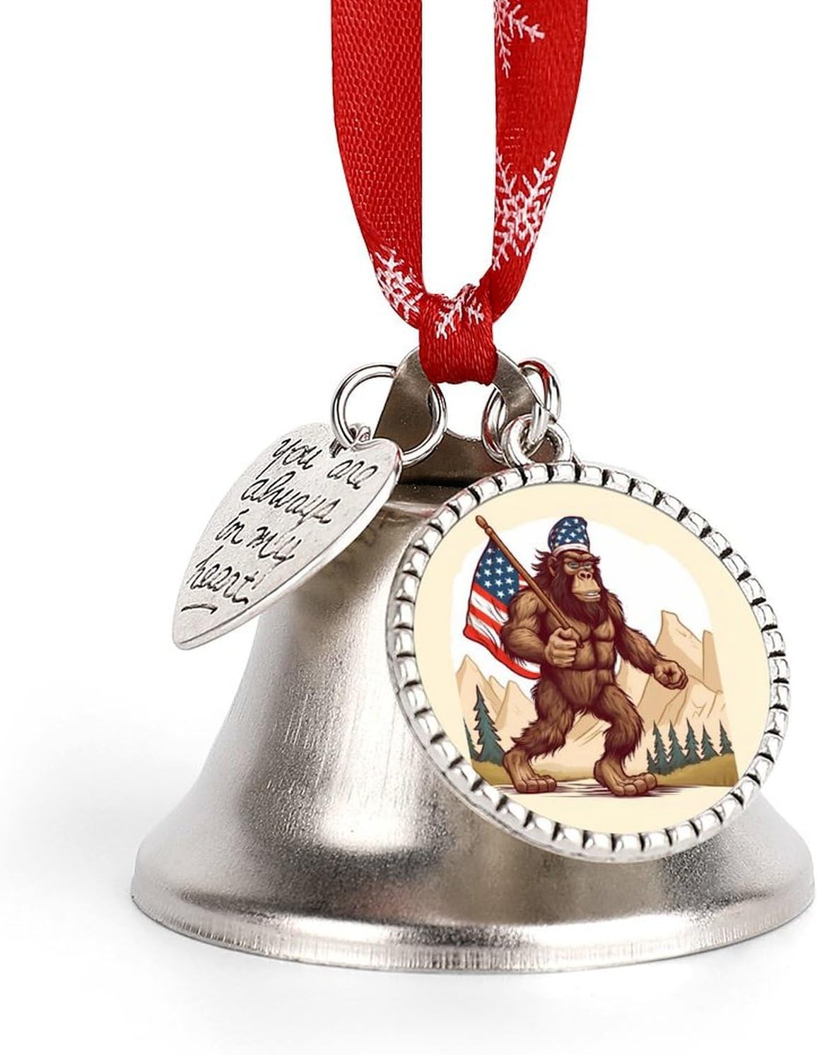 Bigfoot USA Flag Christmas Hanging Bell Ornament Decor