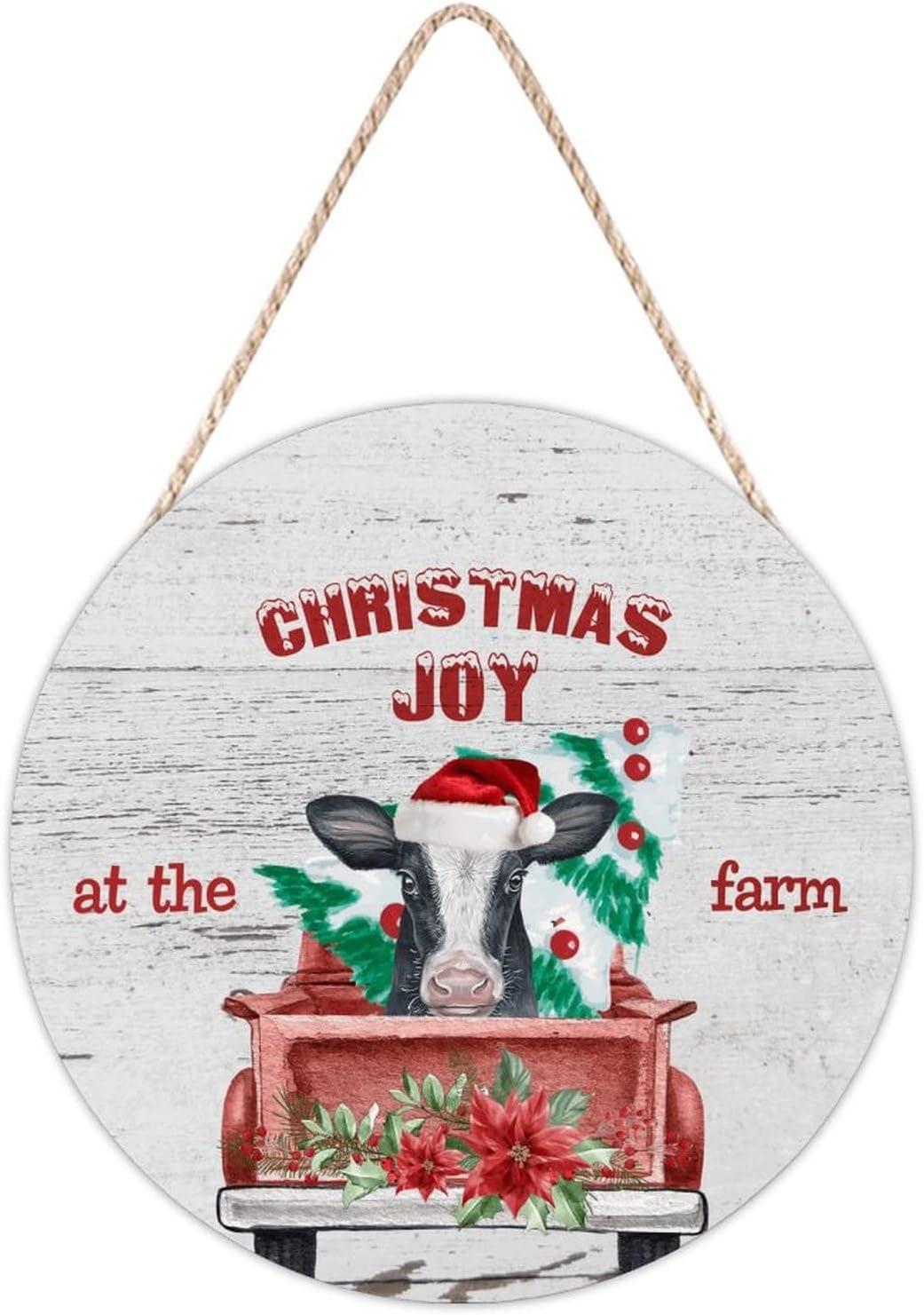 Farmhouse Front Door Hanger with Santa Cow Christmas Wood Sign