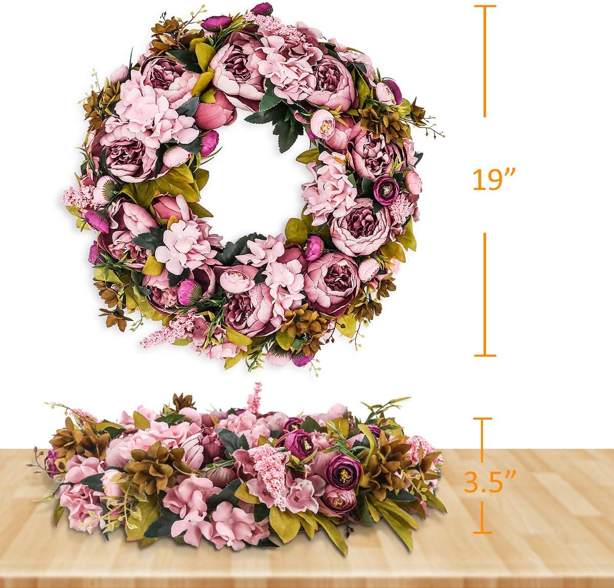 BOMAROLAN 19 Inch Artificial Peony Wreath
