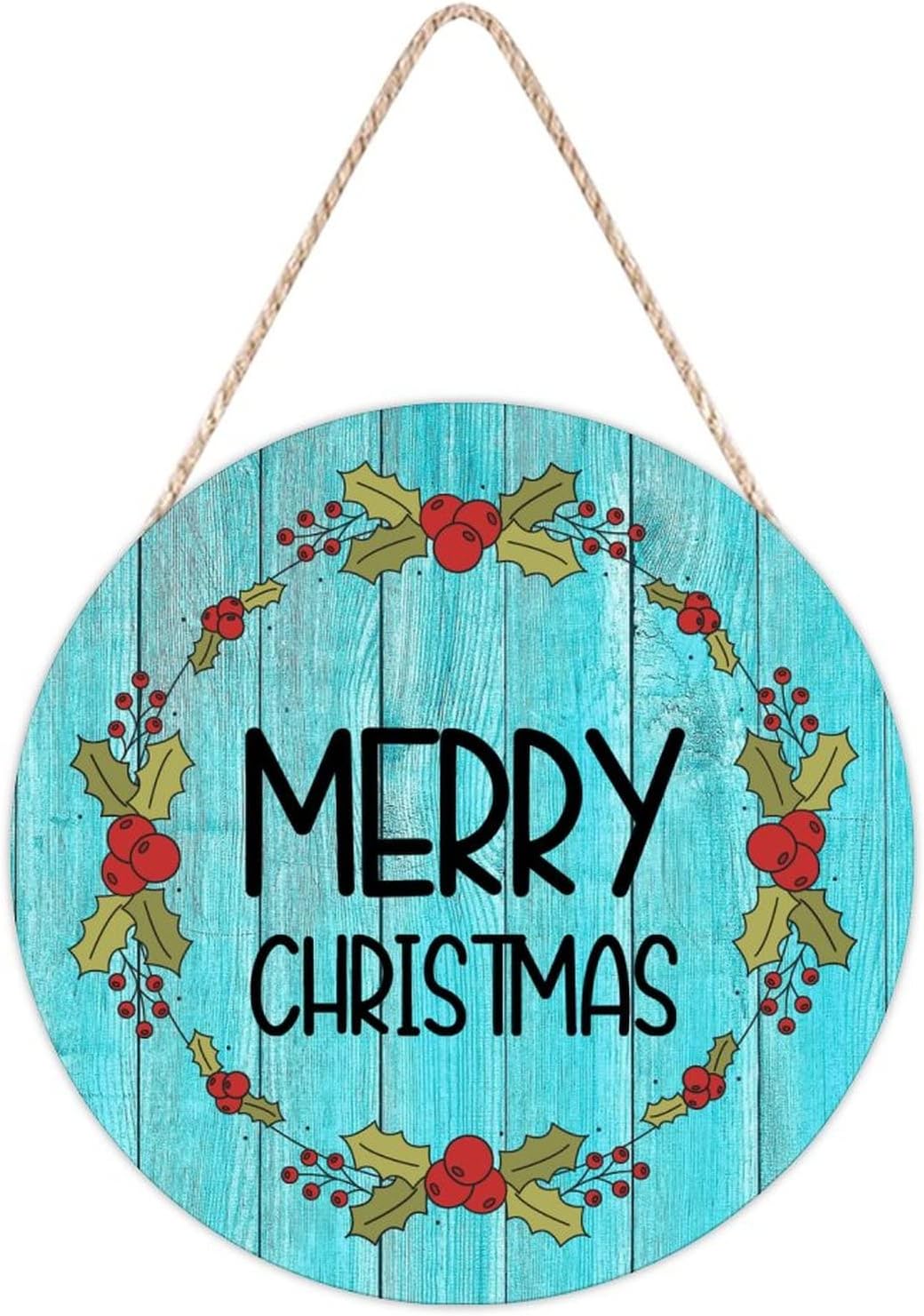 Farmhouse Front Door Hanger with Holly Christmas Wreath Wood Sign 10x10in