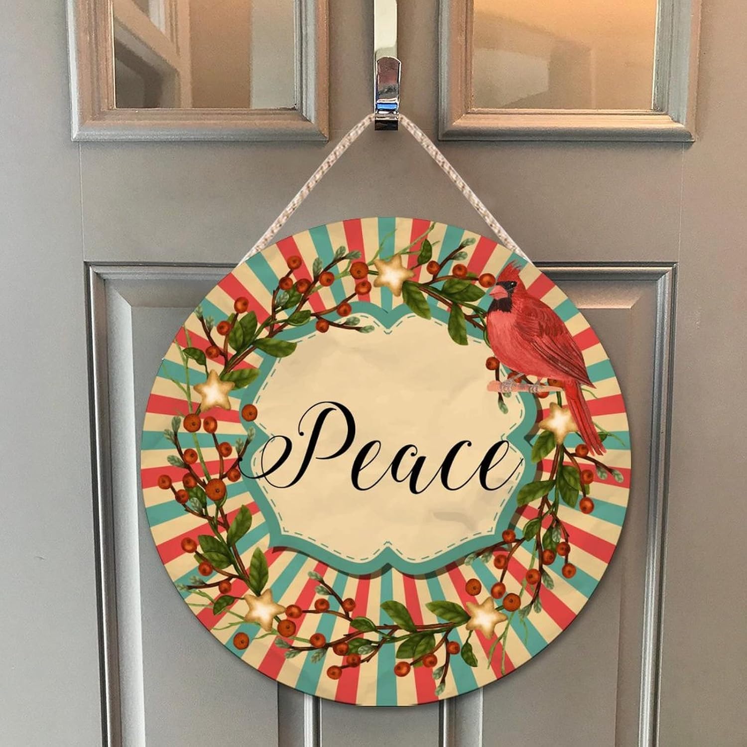 Farmhouse Door Hanger Red Birds Holly Christmas Peace Wood Sign 10x10in