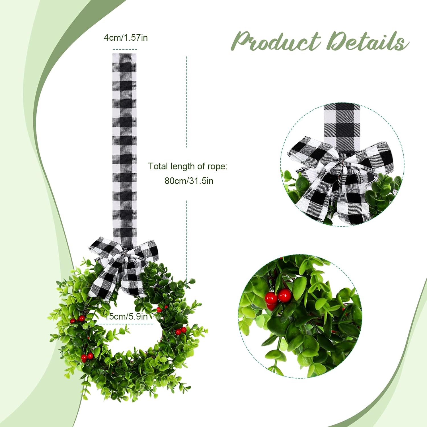 6 Pcs Christmas Kitchen Cabinet Wreaths with Plaid Ribbon