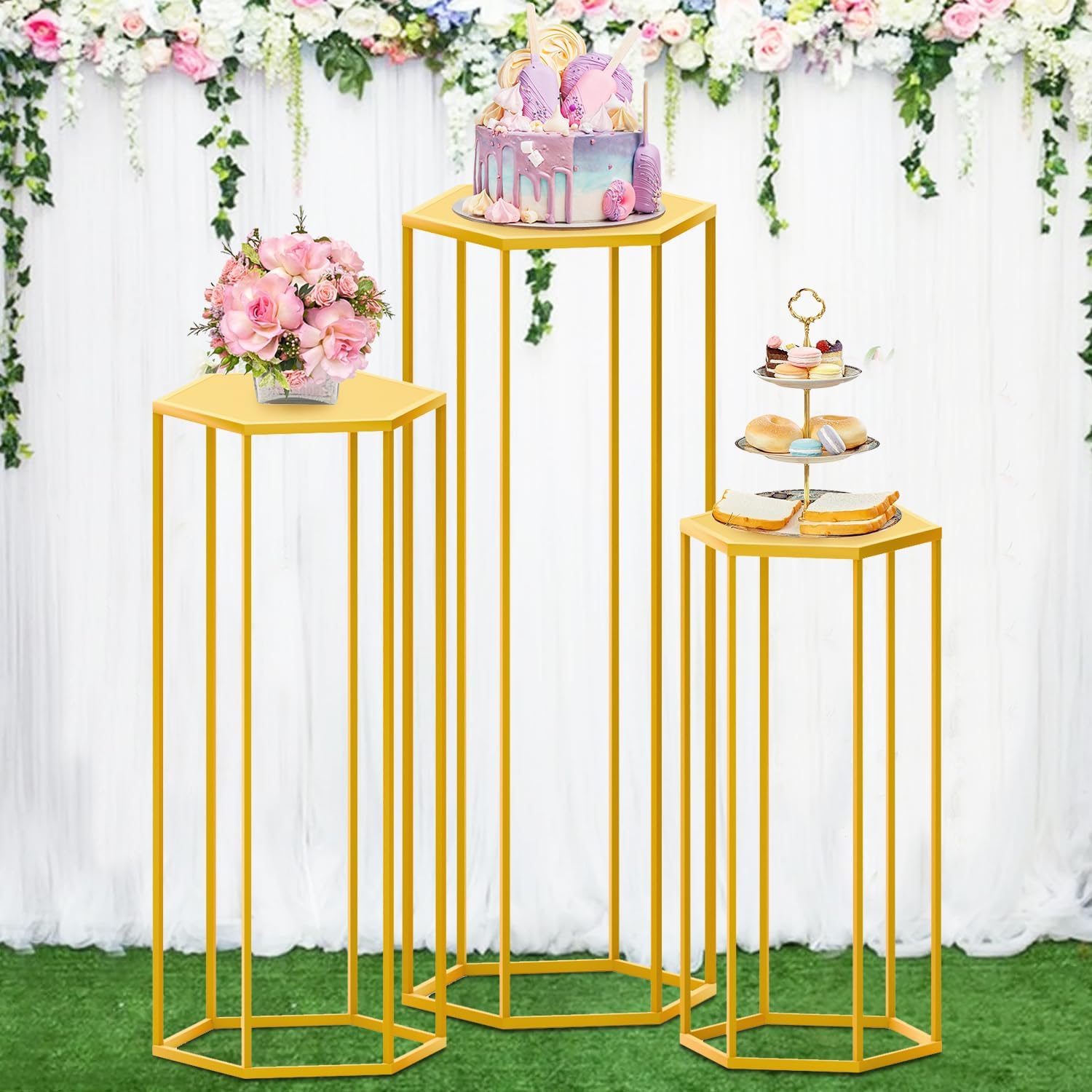 Hexagon Pedestal Stand 3Pcs Gold Metal Cake Display Stands