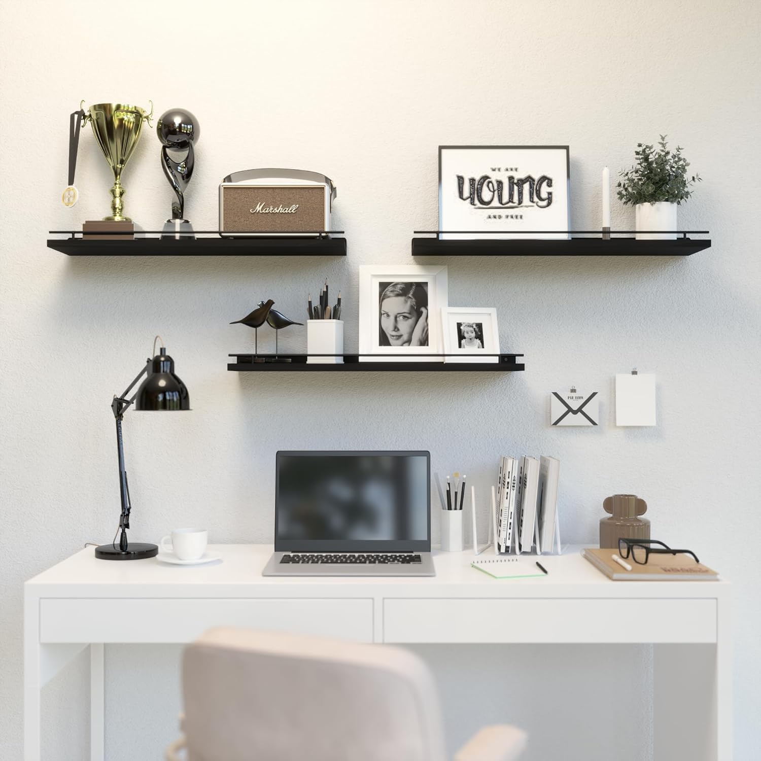 WOPITUES Floating Shelves 24 Inch Set of 3 with Gold Metal Guardrail - Black