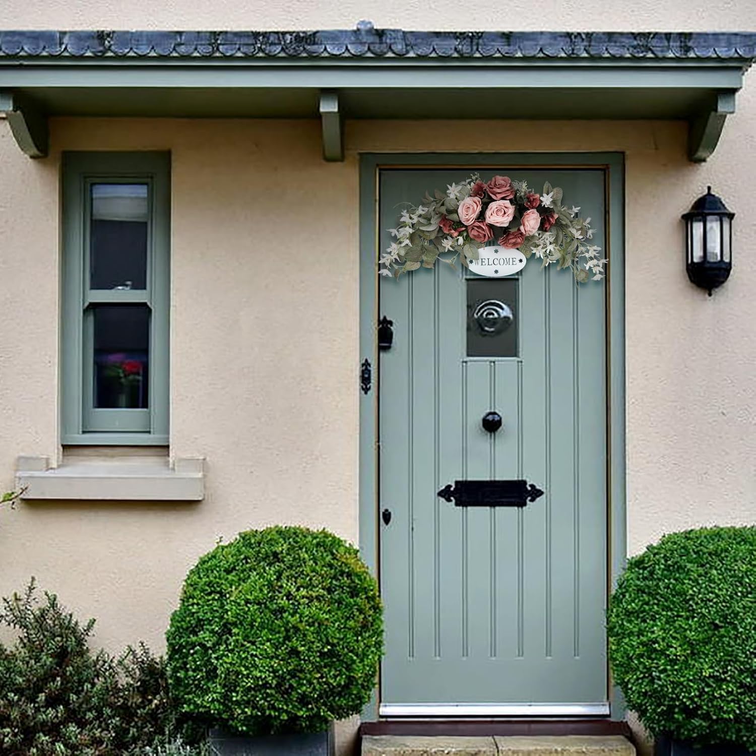POTRUWE Artificial Rose and Leaves Front Door Wreath