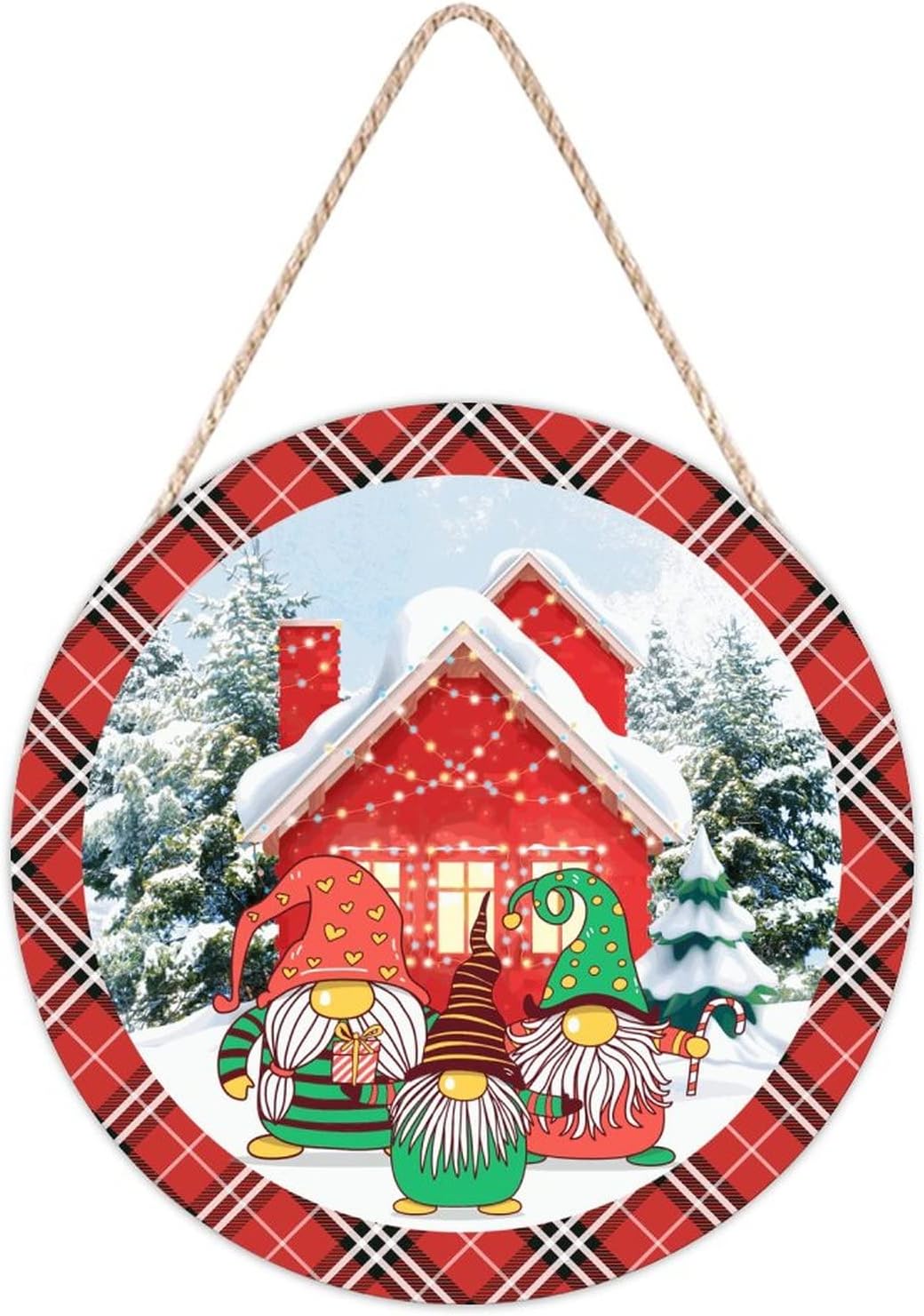 Farmhouse Door Hanger Red Plaid Winter Scene Cute Gnome Wood Sign
