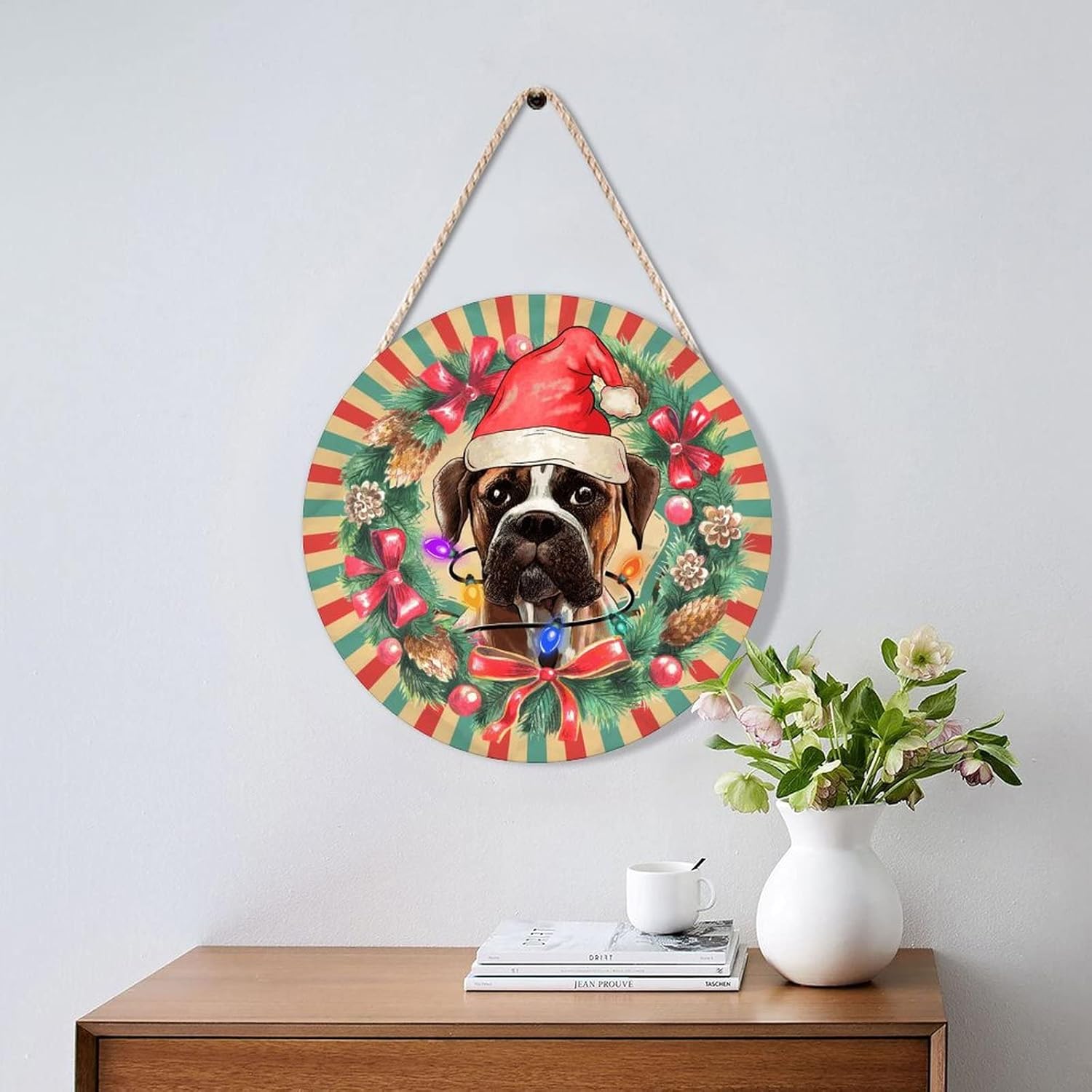 Farmhouse Door Hanger Santa Hat Wreath Wood Sign 10x10in
